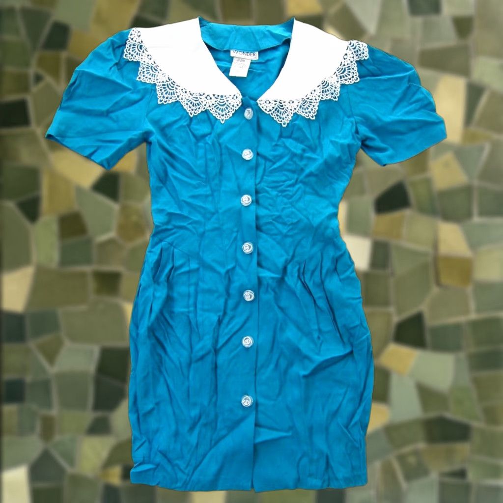 Vintage Vtg Wonder Rayon Blue Lace Collar Short Sleeve Button Down Secretary Dress 7/M Size 32" / US 10 / IT 46 - 1 Thumbnail