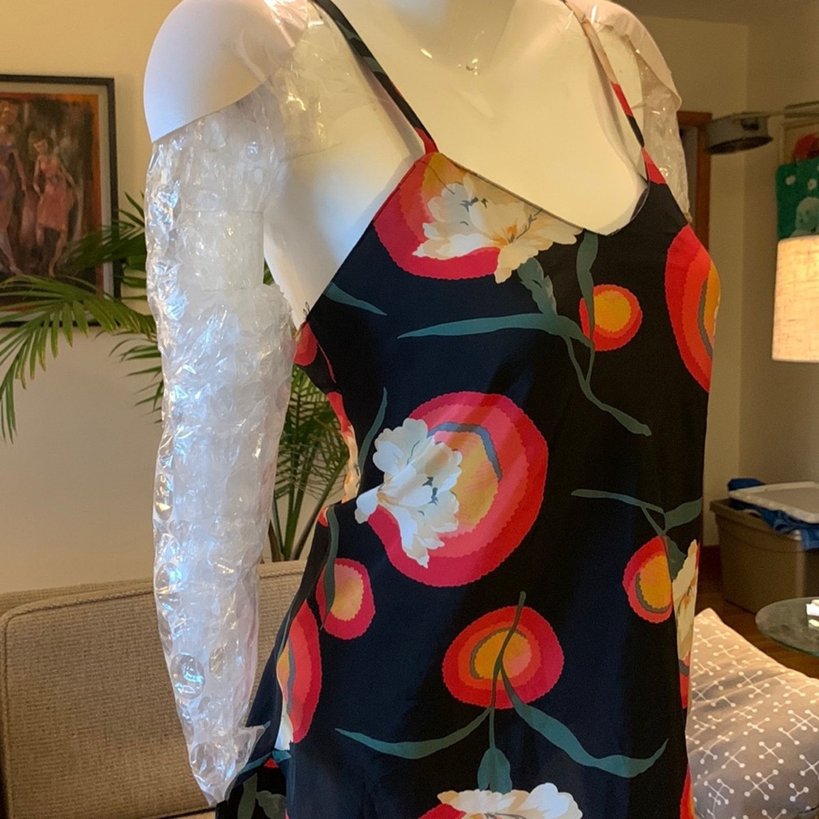 Vintage Floral cami camisole slip minidress art deco poppies Size S / US 4 / IT 40 - 2 Thumbnail