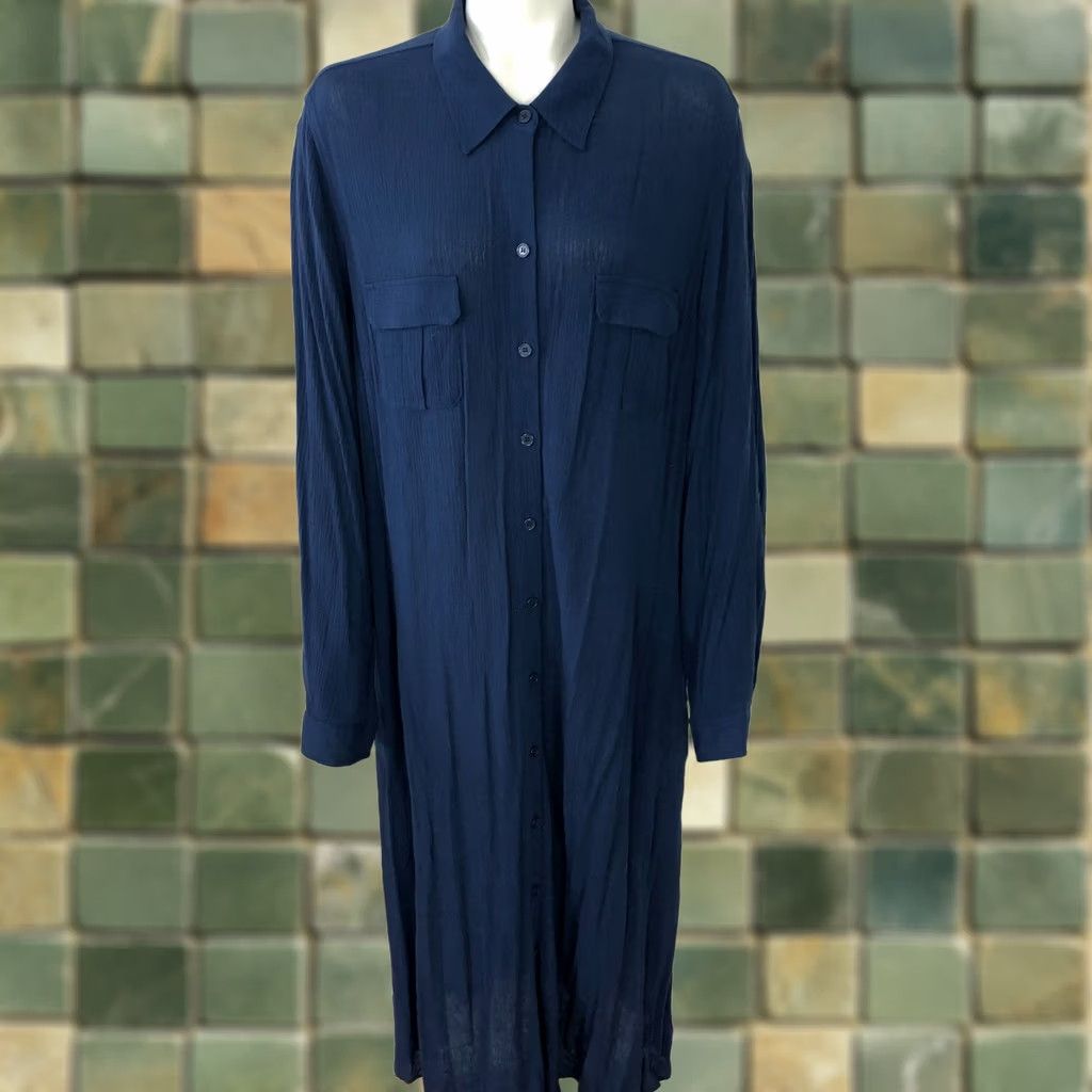 Soft Surroundings Soft Surroundings Dress Maxi Women's XL 100% Rayon Button Front Crinkle Blue Long Sleeve Round Neck Casual Summer Winter Spring Fall Size XL / US 12-14 / IT 48-50 - 1 Thumbnail
