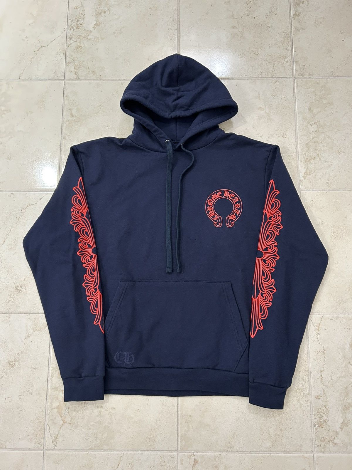 【Chrome Hearts】 正規品★ Horseshoe Floral Hoodie Navy Chrome Hearts Navy Exclusive Horseshoe Logo Hoodie - SRM