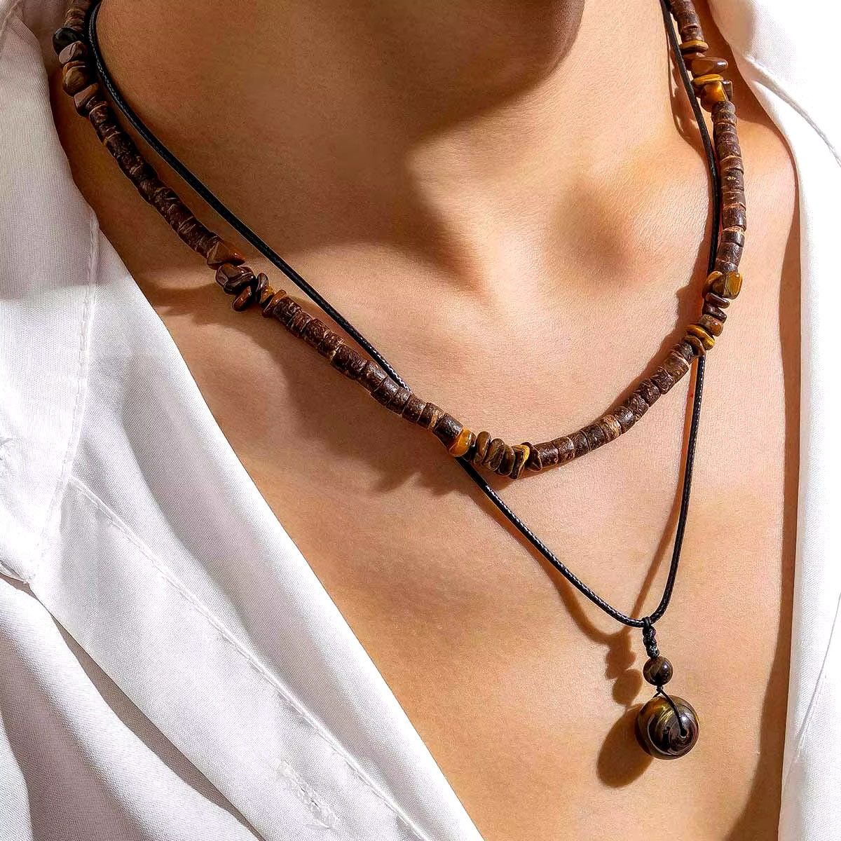 Japanese Brand Boho Double Wood Pine Stone Necklace Size ONE SIZE - 5 Thumbnail