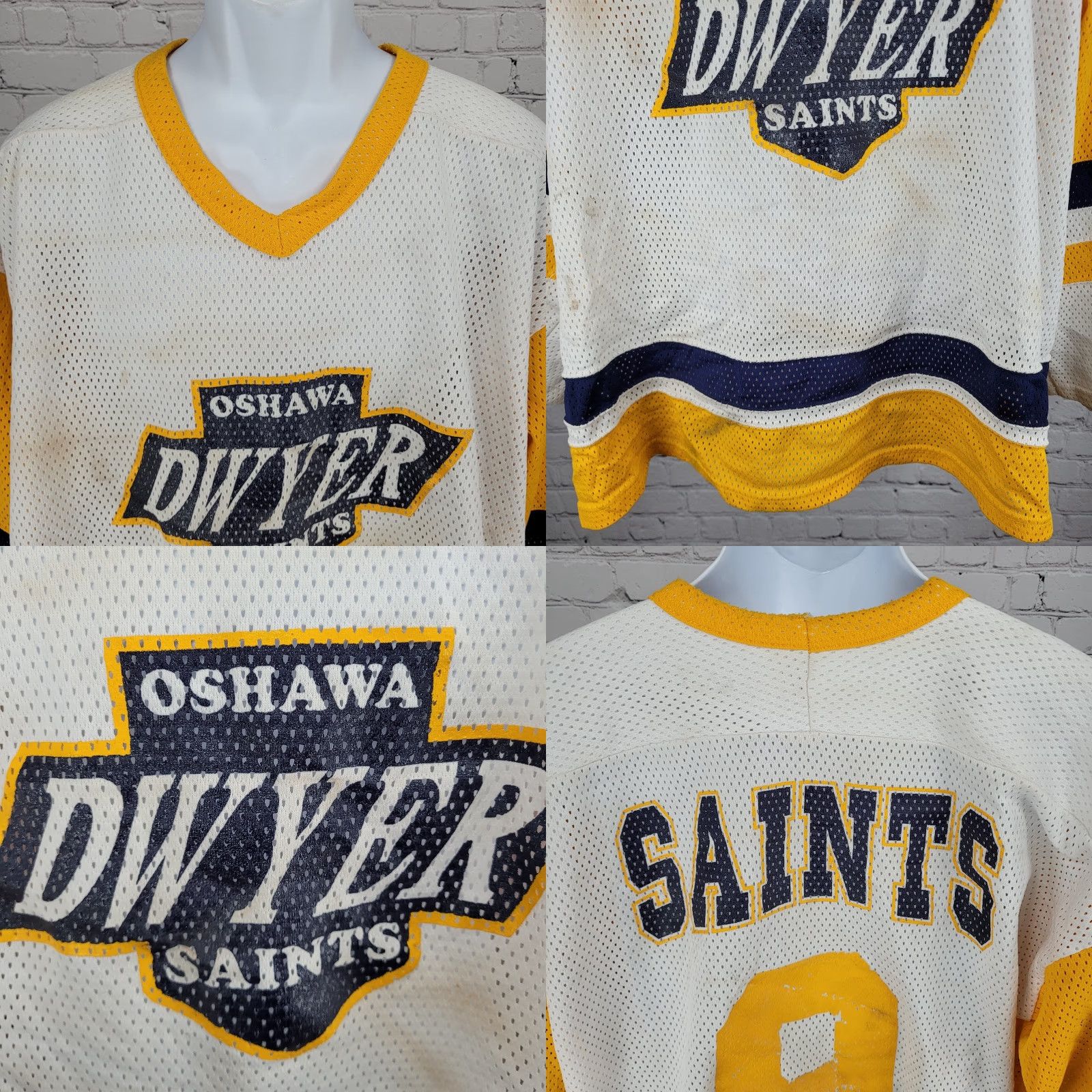 Vintage Oshawa Saints Dwyer #9 White Yellow Navy Long Sleeve Hockey Jersey XXL Size US XXL / EU 58 / 5 - 8 Thumbnail