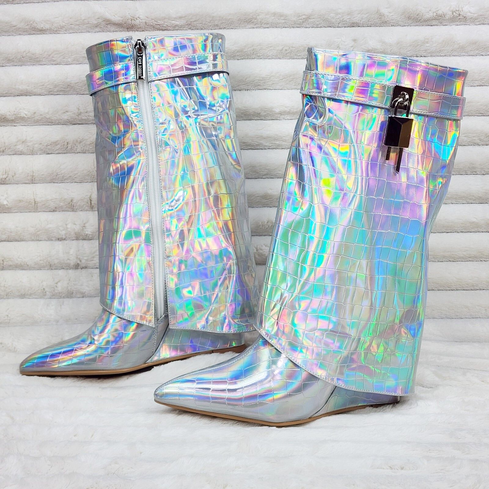 Vision Royal Silver Hologram Wedge Heel Fold Over Skirted An