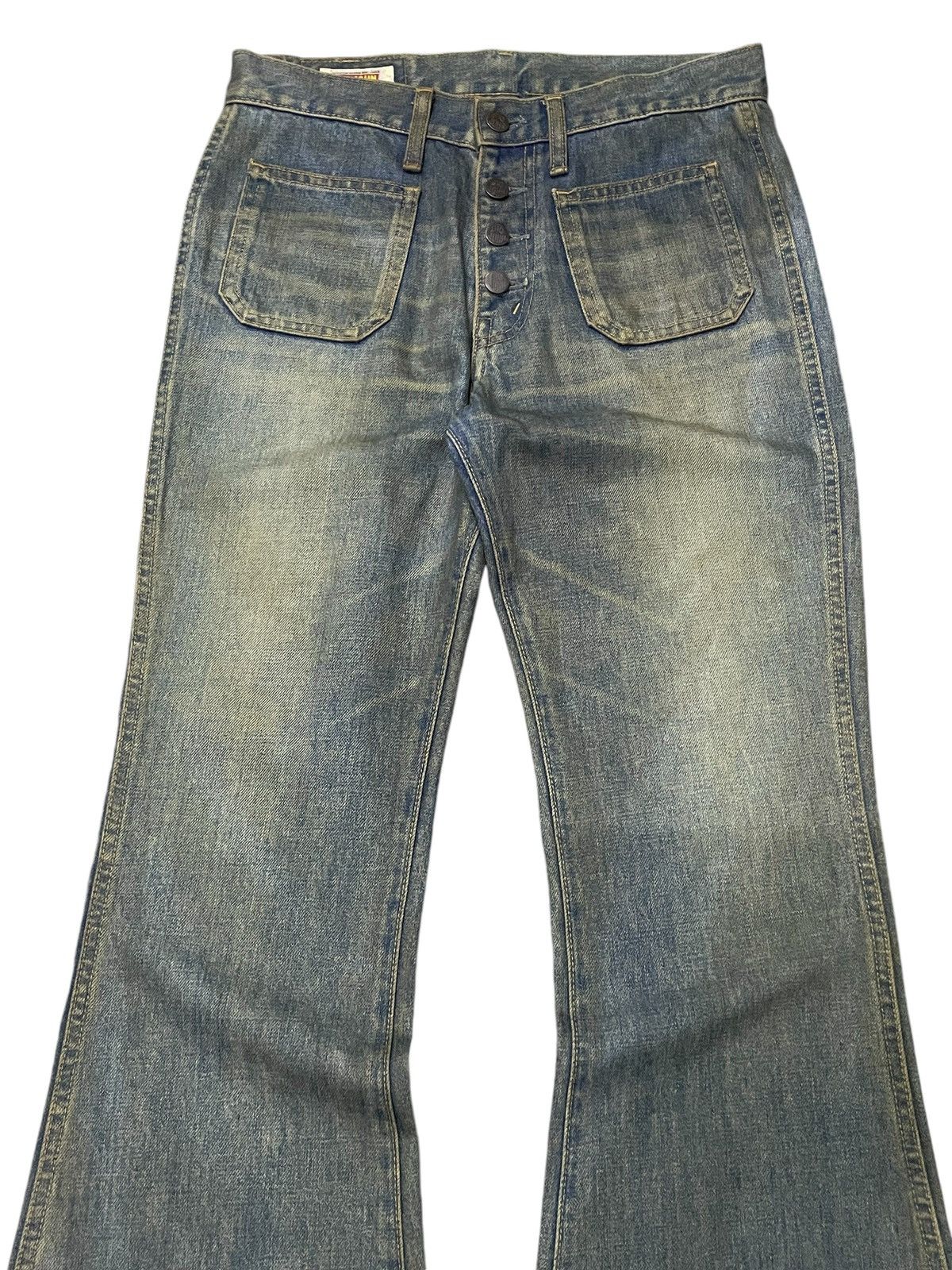 Big John × If Six Was Nine × Le Grande Bleu (L.G.B.) Vintage Big John Bell Bottom Rusty Muddy Wash Flare Jeans Size US 30 / EU 46 - 3 Thumbnail