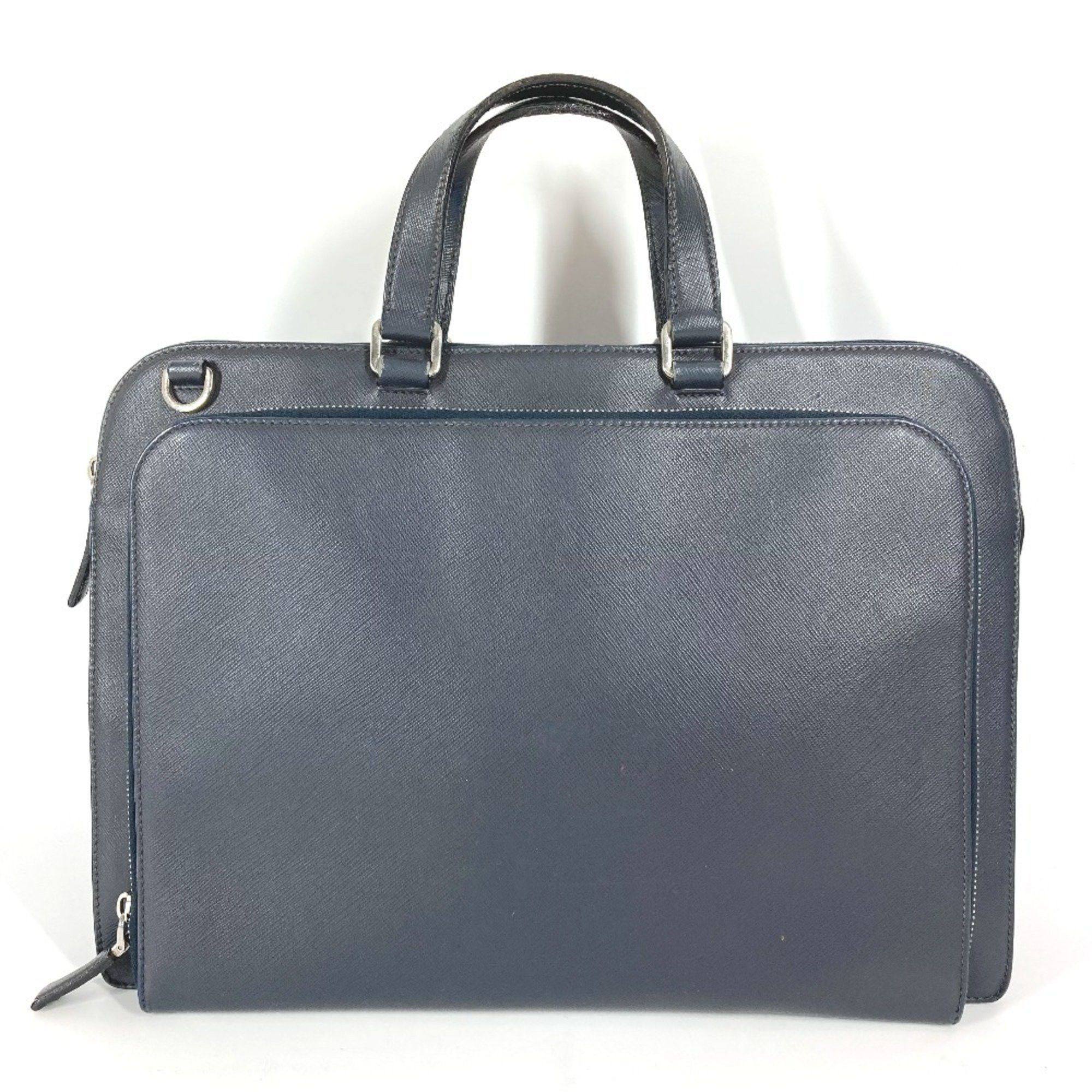 Prada Triangle Logo Plate Handbag Tote Bag Business Saffiano Leather Men's Women's Navy in Blue