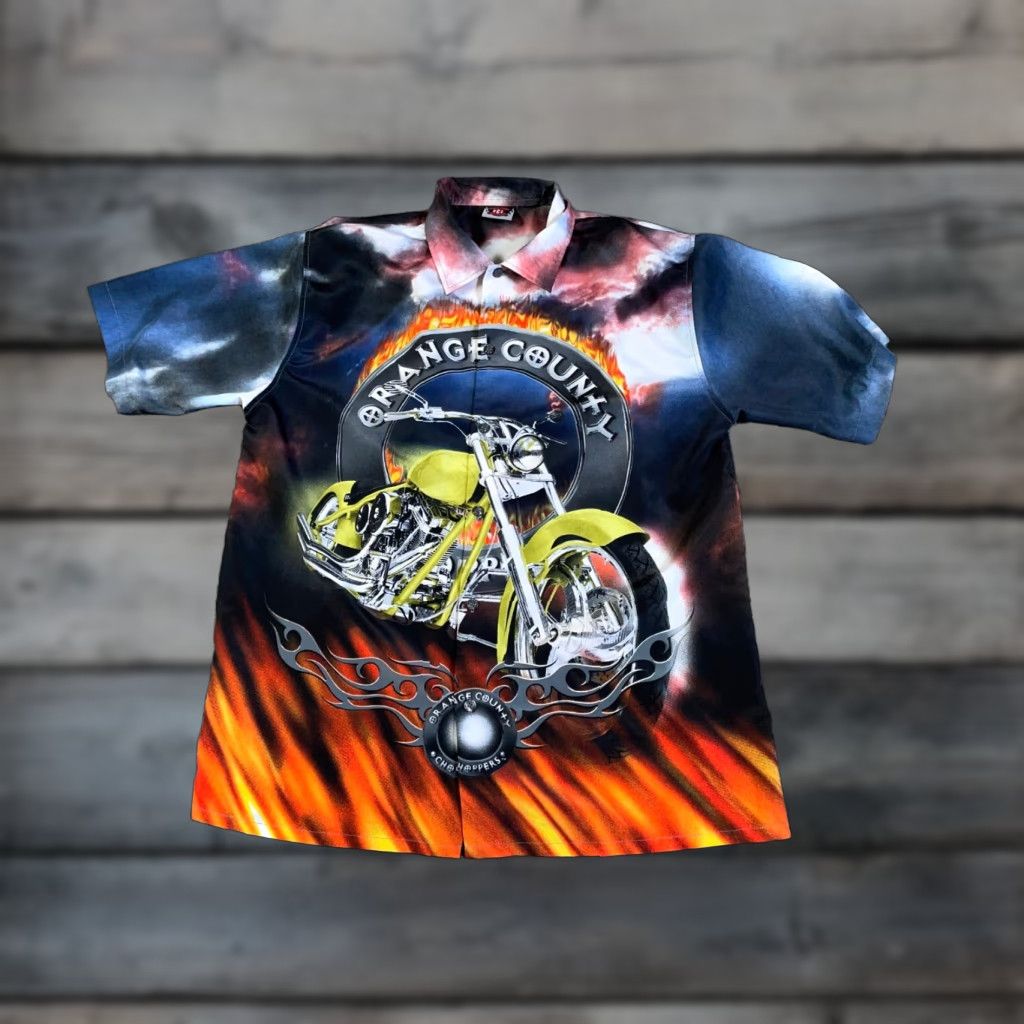 Vintage VTG Y2K Motorcycle AOP Shirt Adult XL Blue Orange Flames Biker Orange County Men Button-Up Shirt Vintage Geometric Pattern Size US XL / EU 56 / 4 - 1 Thumbnail