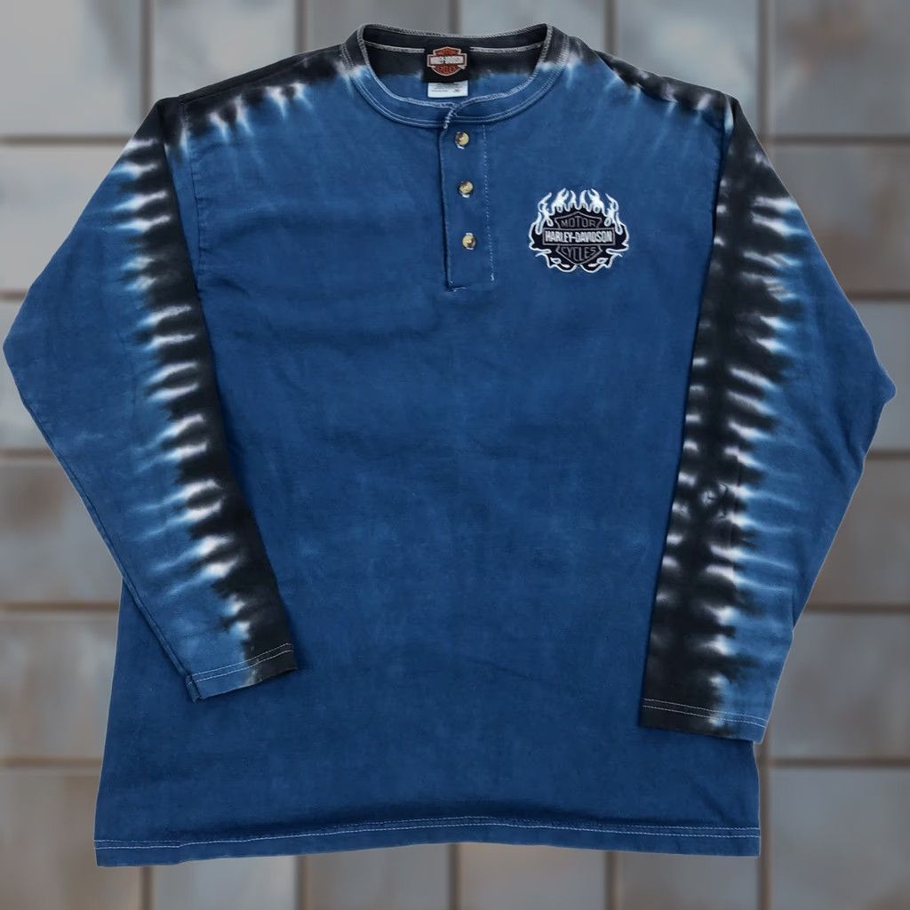 Harley Davidson Harley-Davidson Mens Tie-Dye Long Sleeve Henley T-Shirt M Blue/Black/White Flame Embroidered Logo Shirt Size US M / EU 48-50 / 2 - 1 Thumbnail