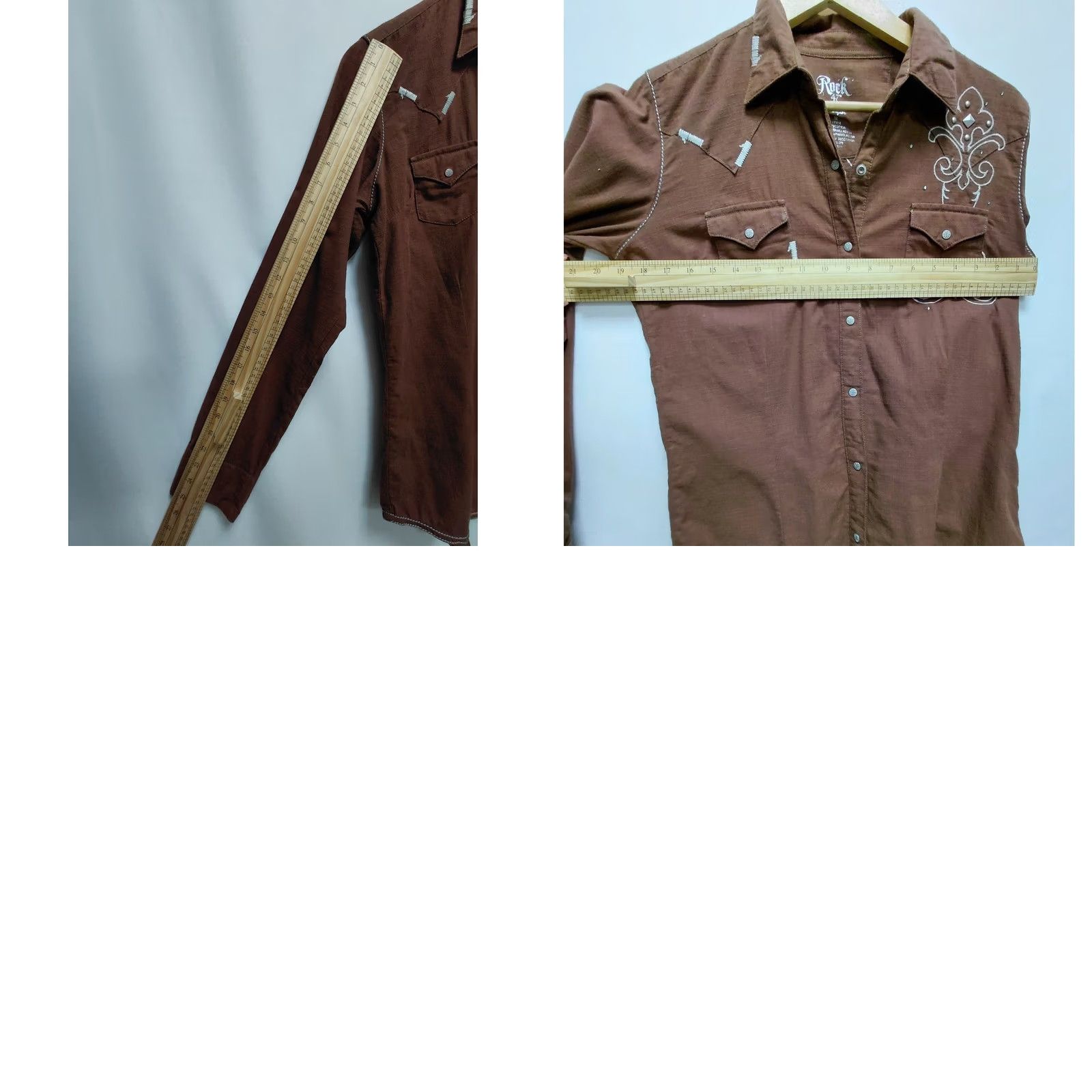 47 Rock 47 by Wrangler Embroidered Western Shirt Brown Solid Woven Size M Size US M / EU 48-50 / 2 - 9 Thumbnail