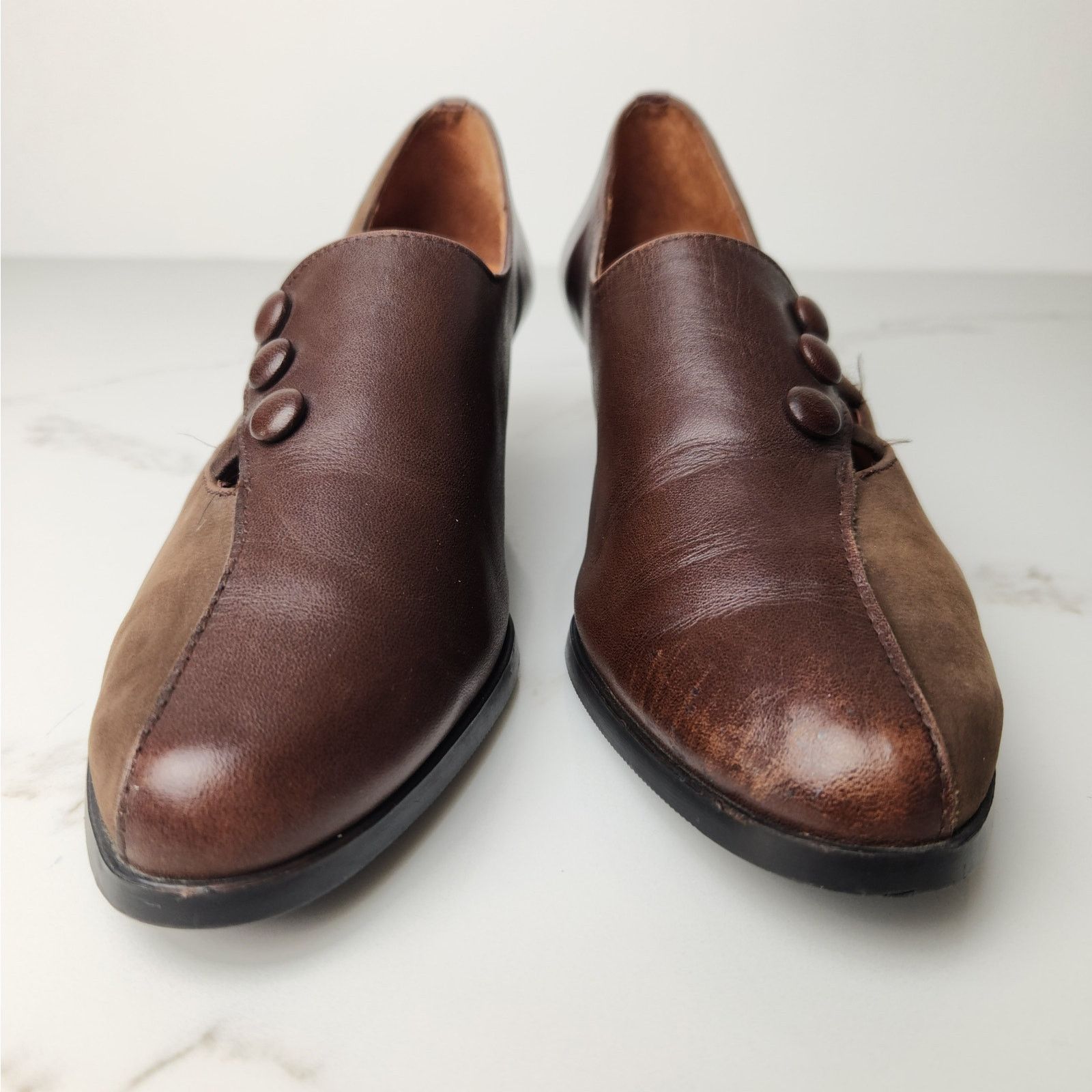 Other Vintage 80s Leather Suede Brown Heels Pumps 8-8 1/2 Sabotage Size US 8 / IT 38 - 2 Thumbnail