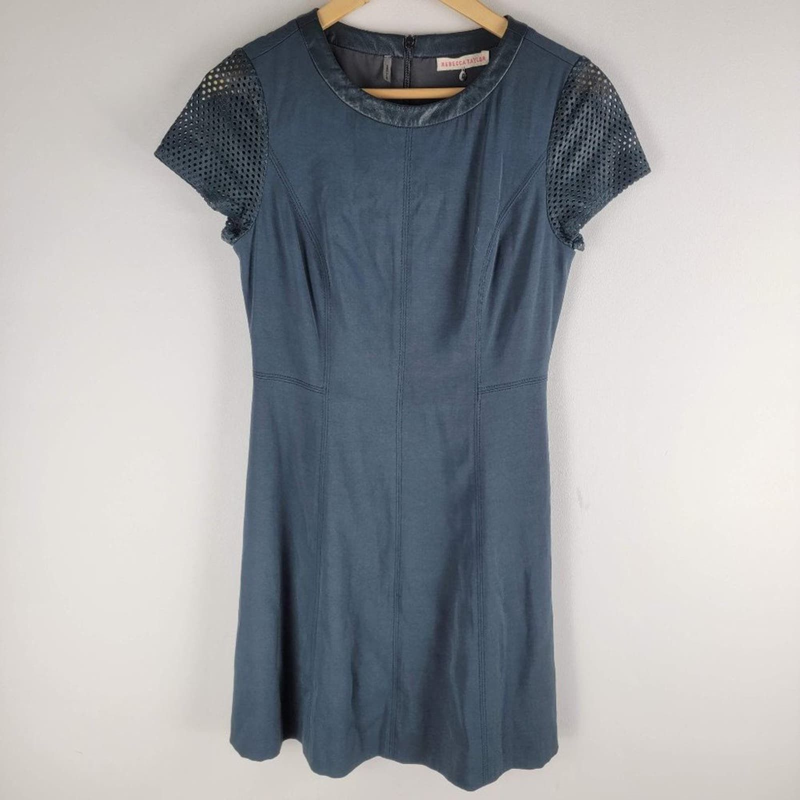 image of Rebecca Taylor Mesh Short Sleeve Sheath Dress Leather Trim 6 in Green, Women's (Size Medium)
