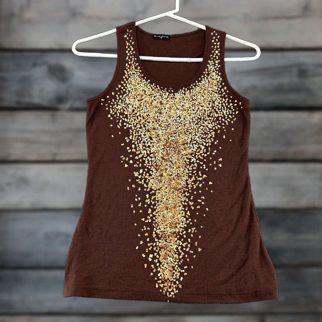 Vintage VINTAGE Fang Tank Women S Brown Sequin Ribbed Cotton Sleeveless Top, Basic Casual, Y2K, Movie Theme, Reflective Accents Size S / US 4 / IT 40 - 1 Thumbnail