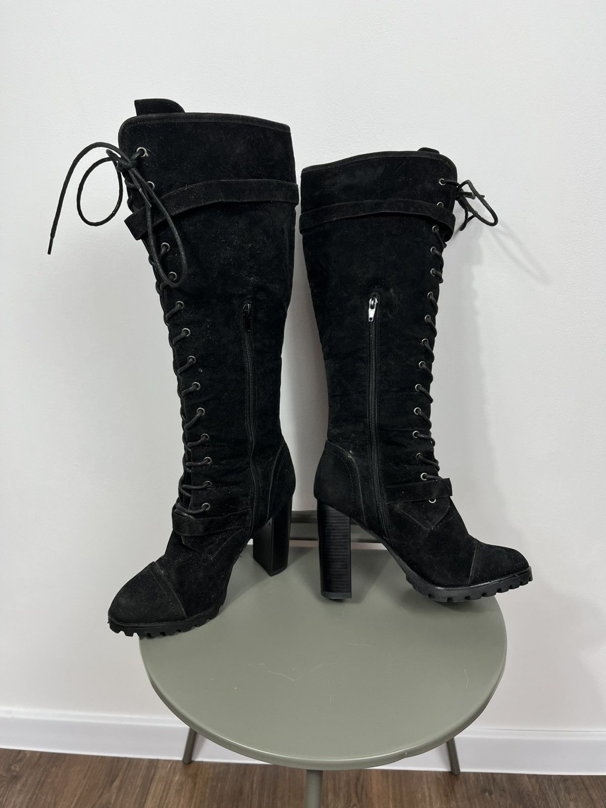 Other Black Suede Knee High Lace Up Platform Heeled Boots US 9 Size US 9 / IT 39 - 11 Thumbnail