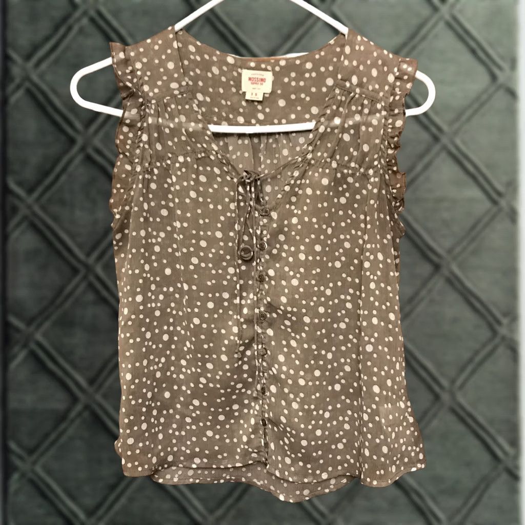 Mossimo Mossimo Womens Blouse Shirt S Brown Polka Dot Button Sleeveless Scoop Neck Tie Ruffle Lightweight Casual Reg?. Size S / US 4 / IT 40 - 1 Thumbnail
