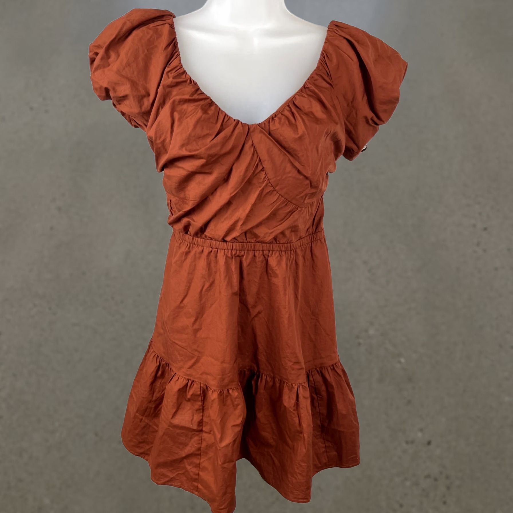 Gap GAP Womens XS Puff Sleeve Tiered Mini Dress Rust Brown Smocked Bodice Cotton NWT Size XS / US 0-2 / IT 36-38 - 1 Thumbnail