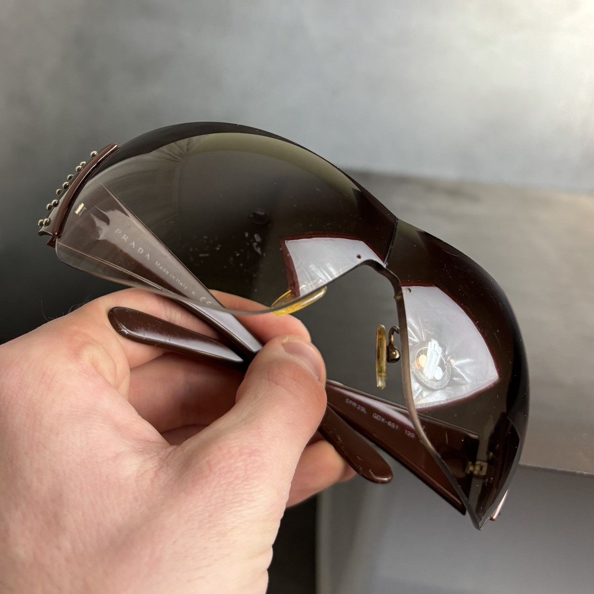 Prada 2011 Prada Sunglasses Y2K Prada Studded Shield Wrap SPR 29L Size ONE SIZE - 15 Thumbnail