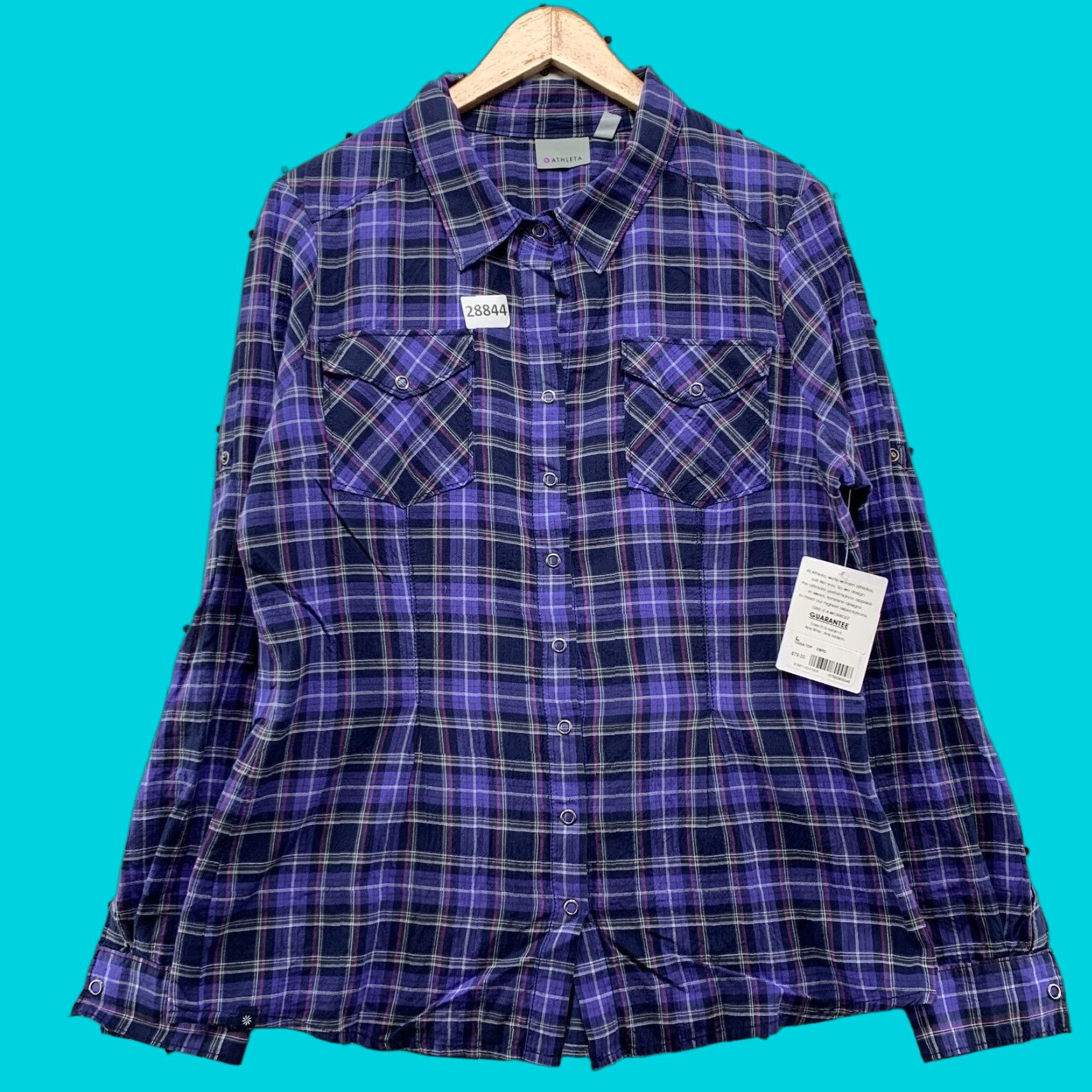 VINTAGE Athleta Women's Button-Up Shirt Long Sleeve Plaid Collared Western 22X27.5 Purple Blue Size Large
