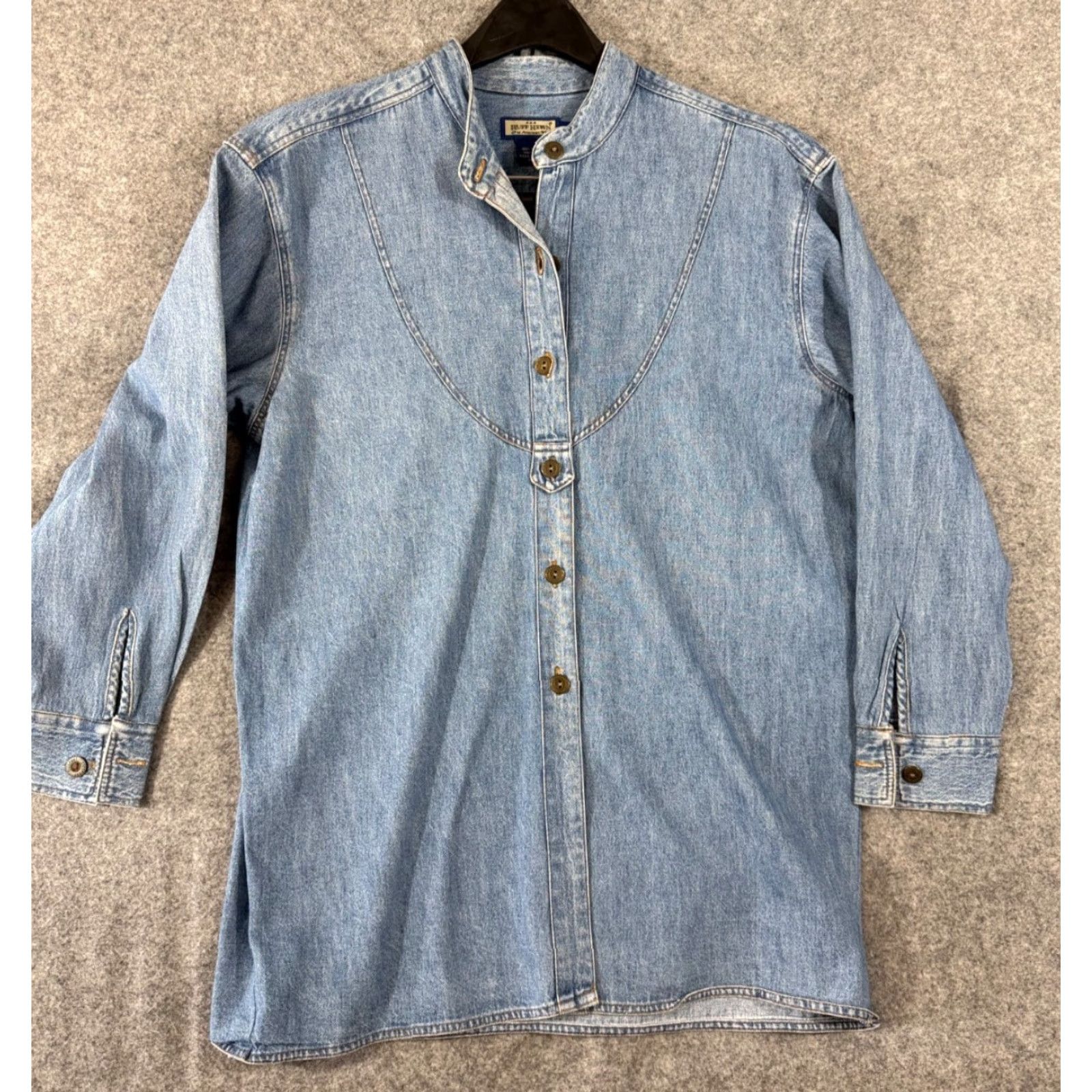 Denime VINTAGE Ruff Hewn Western Shirt Womens M Blue Denim Banded Collar Metal Buttons Long Sleeve Casual Shirt Mens Womens Boys Girls Size M / US 6-8 / IT 42-44 - 2 Thumbnail