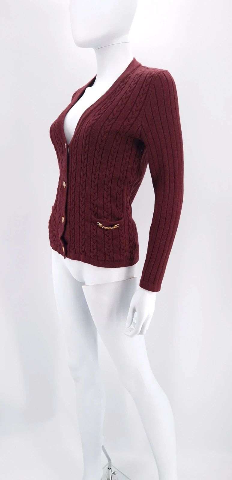 Celine Celine Cable Knit Wool Cardigan in Deep Burgundy Size M / US 6-8 / IT 42-44 - 4 Thumbnail