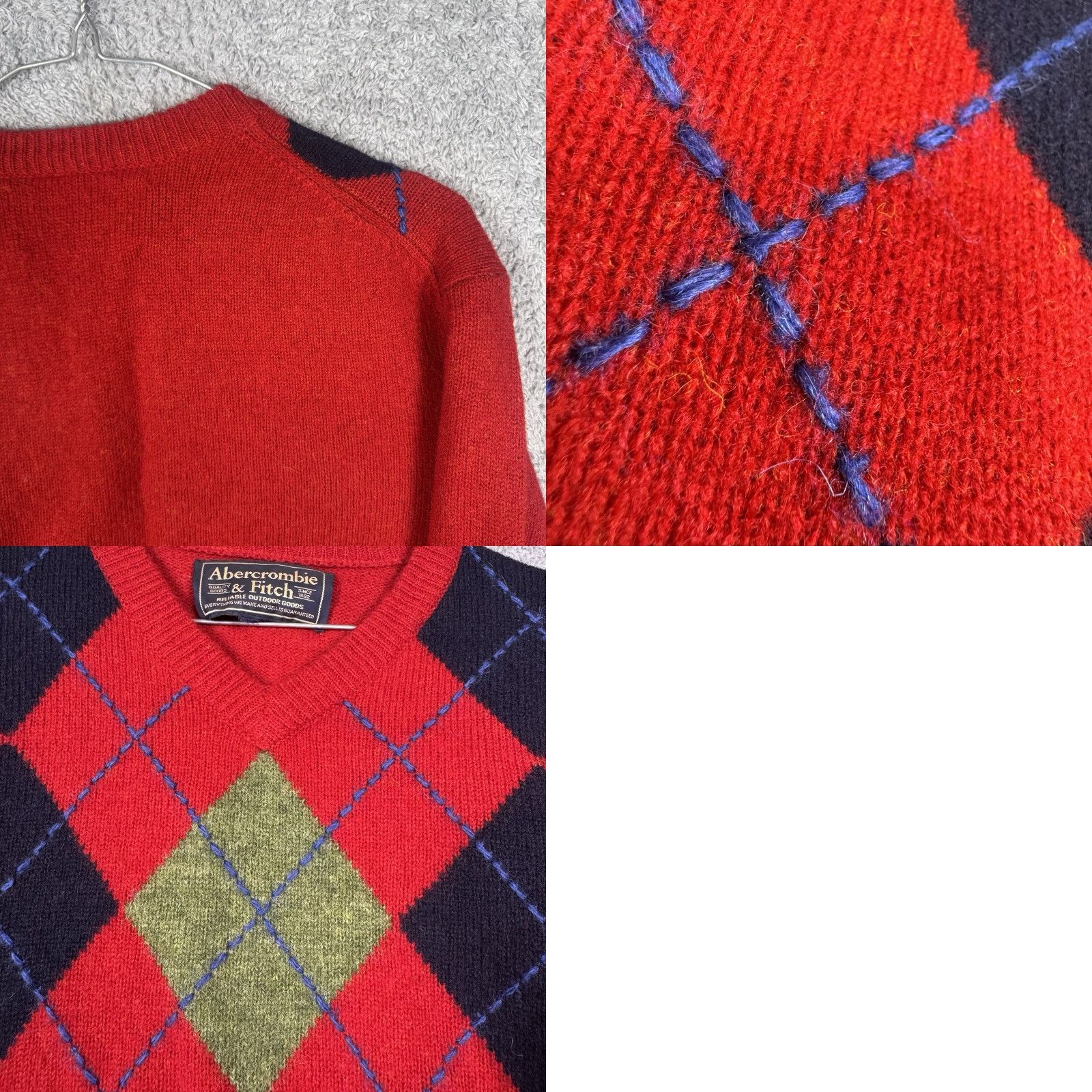 Abercrombie & Fitch VINTAGE Abercrombie & Fitch Sweater Men Large 100% Shetland Wool Argyle 90s Y2K Pullover Knit Red Wool Long Sleeve V-Neck Casual, Party, Wedding Mens Size US L / EU 52-54 / 3 - 8 Thumbnail