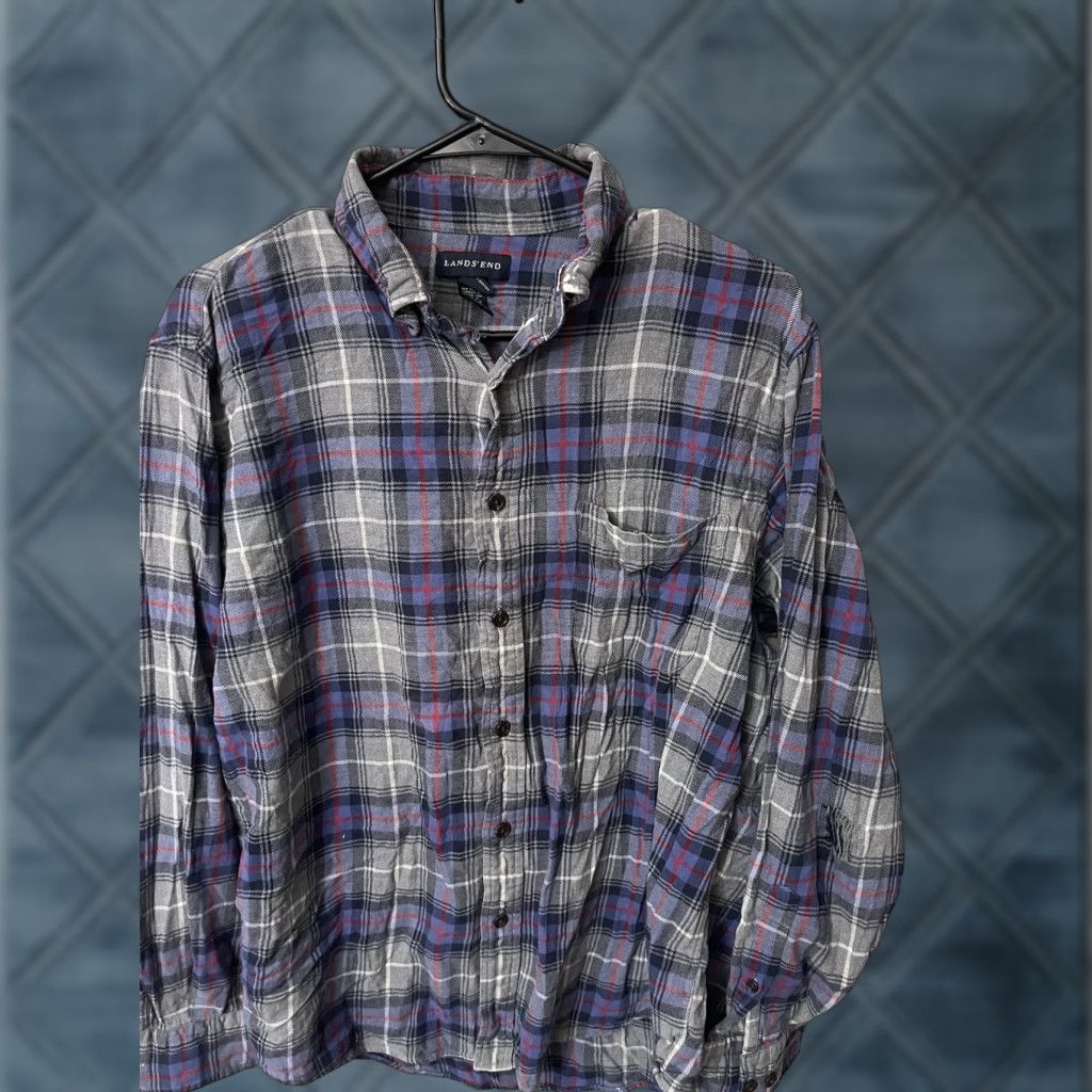 Lands' End Lands' End Shirt Mens 16 Large Flannel Plaid Long Sleeve Cotton Button-Up Casual Outdoor Classic Outdoors Men (Tailored Fit) Size US L / EU 52-54 / 3 - 1 Thumbnail