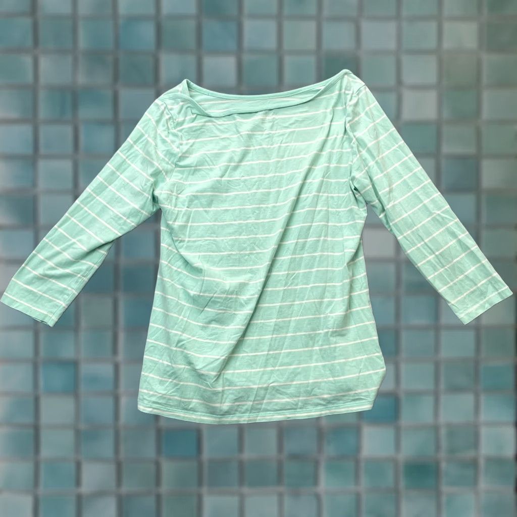 Vintage LL Bean Shirt Womens Medium Green Striped Stretch Three Quarter Sleeve Boat Neck Size M / US 6-8 / IT 42-44 - 1 Thumbnail