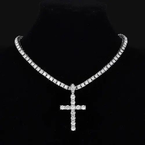 Jewelry Hip Hop Cross Pendant Necklace With 4mm Zircon Tennis Chain Size ONE SIZE - 1 Thumbnail