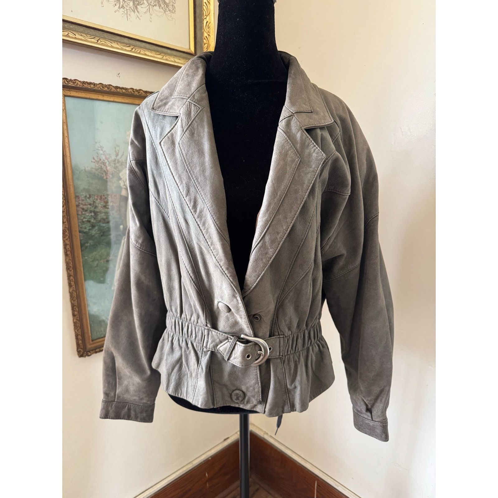 Other Vintage NYC Boutique Motorcycle Gray Cropped Leather Jacket Size M / US 6-8 / IT 42-44 - 1 Thumbnail