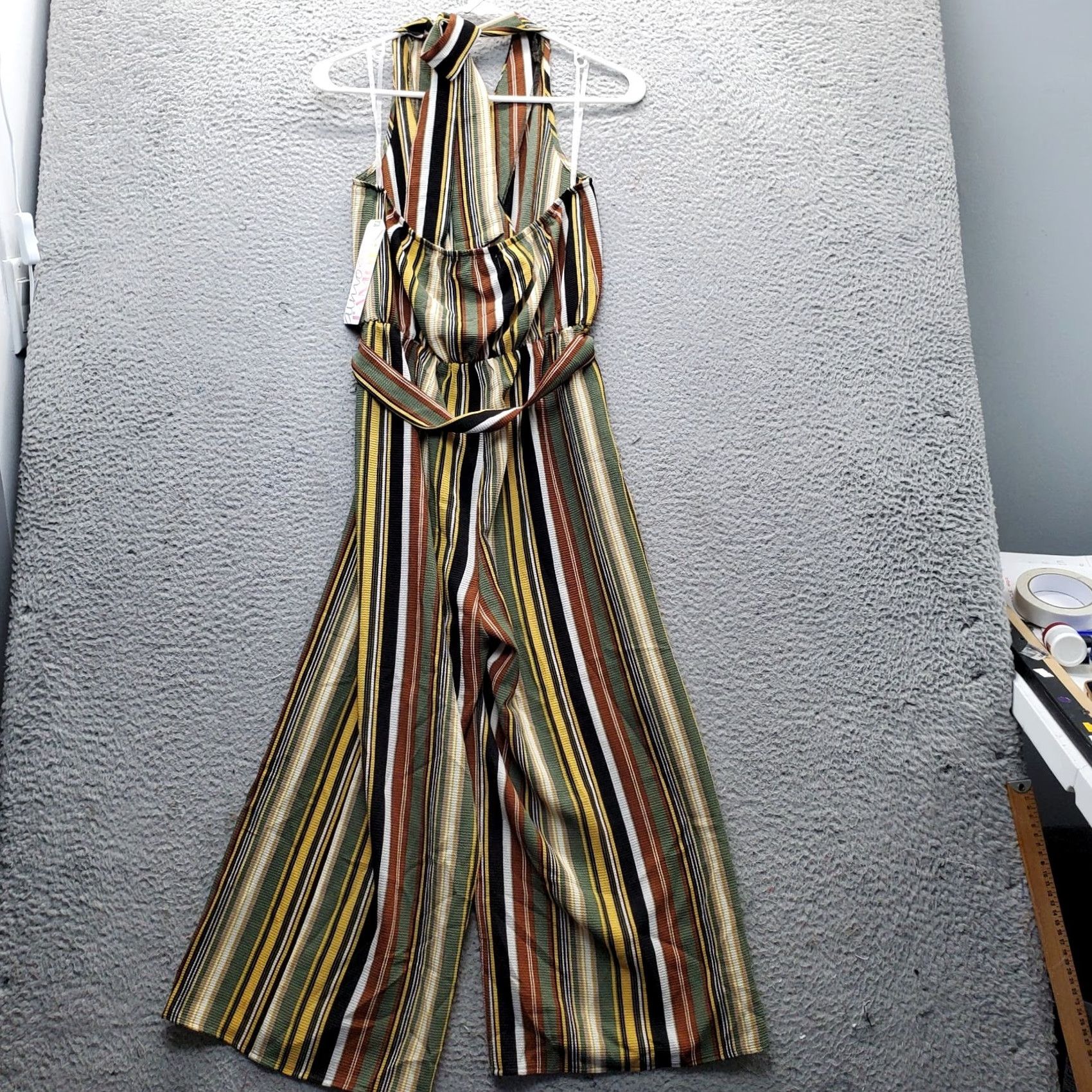 Almost Famous Almost Famous Jumpsuit Womens M Halter Wrap Front Striped Sleeveless Multicolor Wide-Leg Casual Size 32" / US 10 / IT 46 - 2 Thumbnail