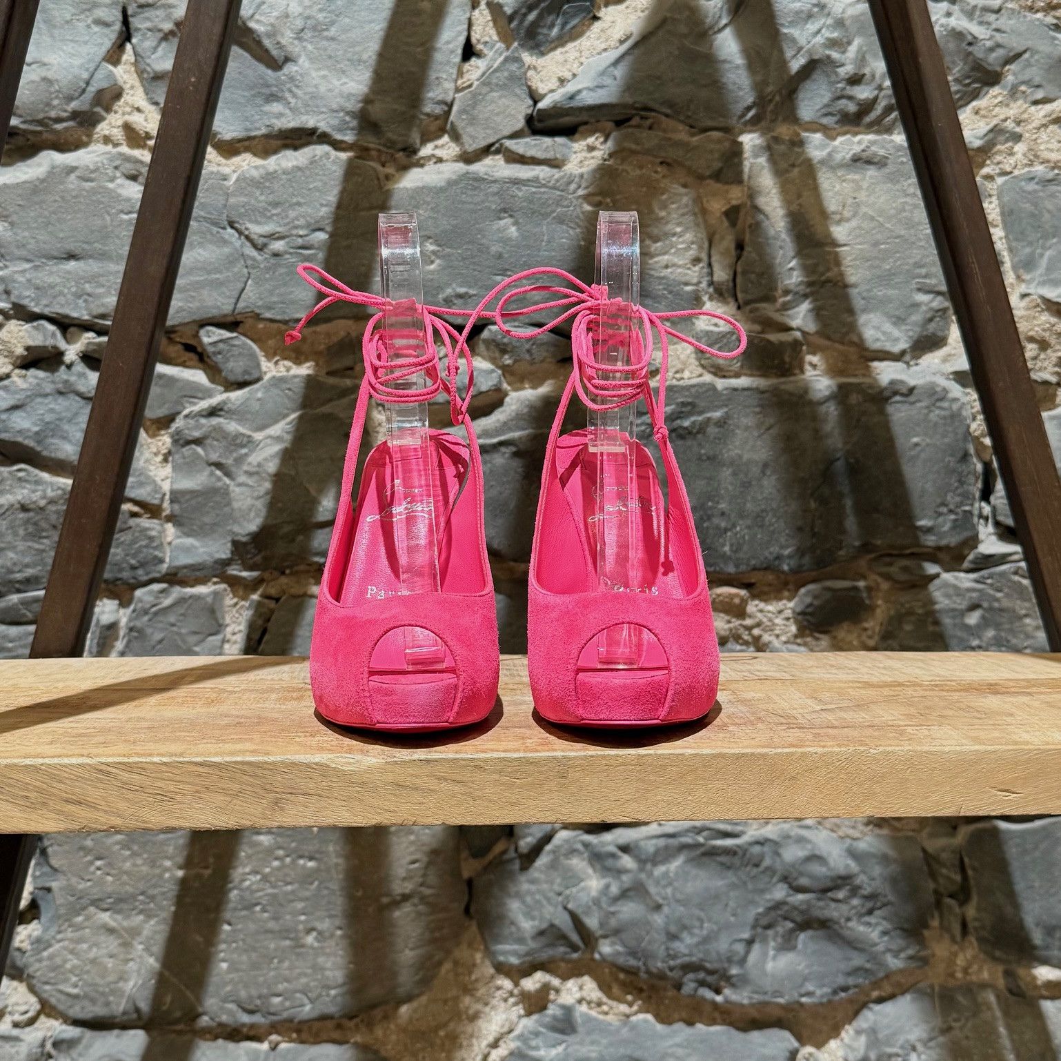 Christian Louboutin Christian Louboutin Pink Suede Lace Up NVP120 Peep Toe Pumps Size US 5 / IT 35 - 2 Thumbnail