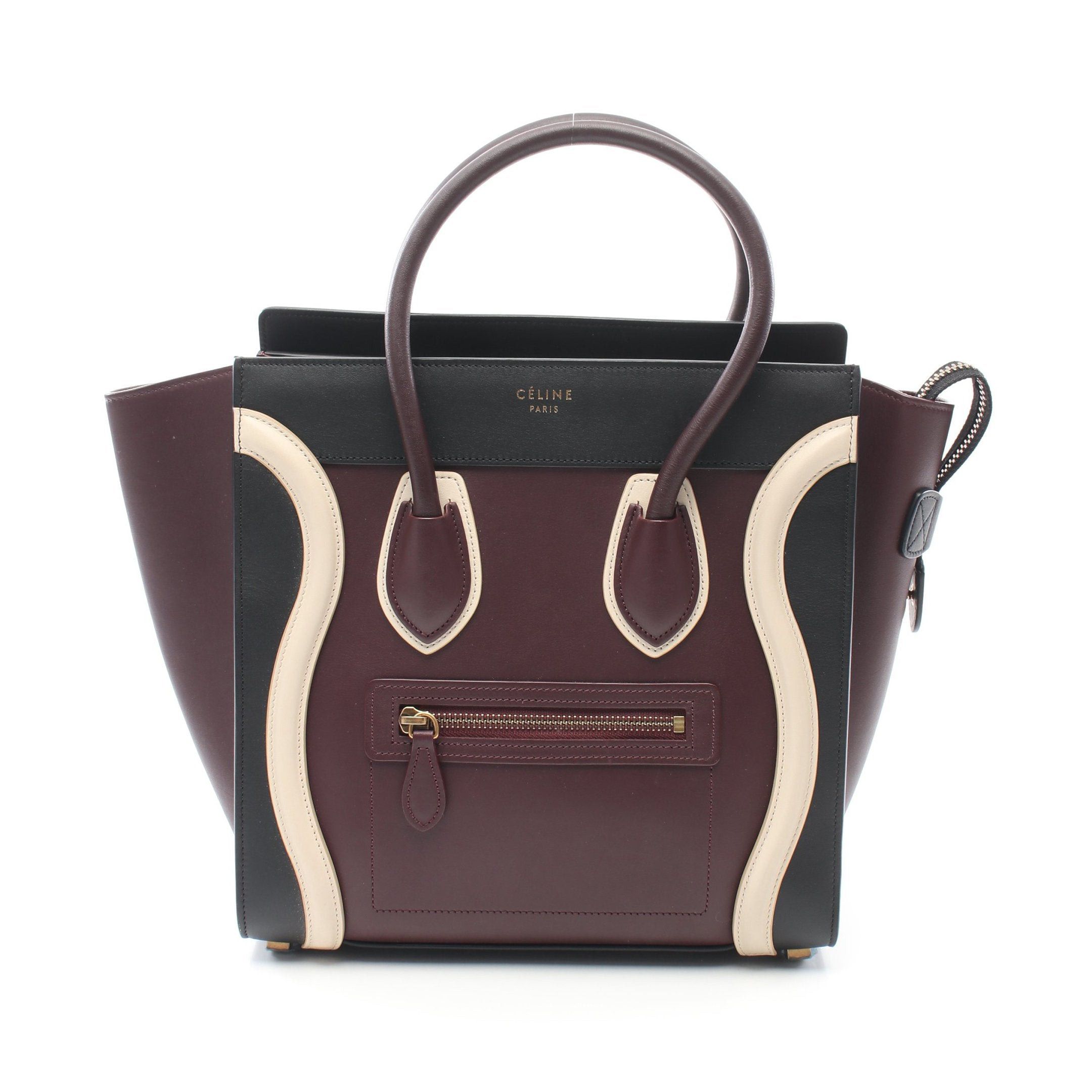 image of Celine Luggage Micro Shopper Handbag Tote Bag Leather Bordeaux Off White Black, Women's