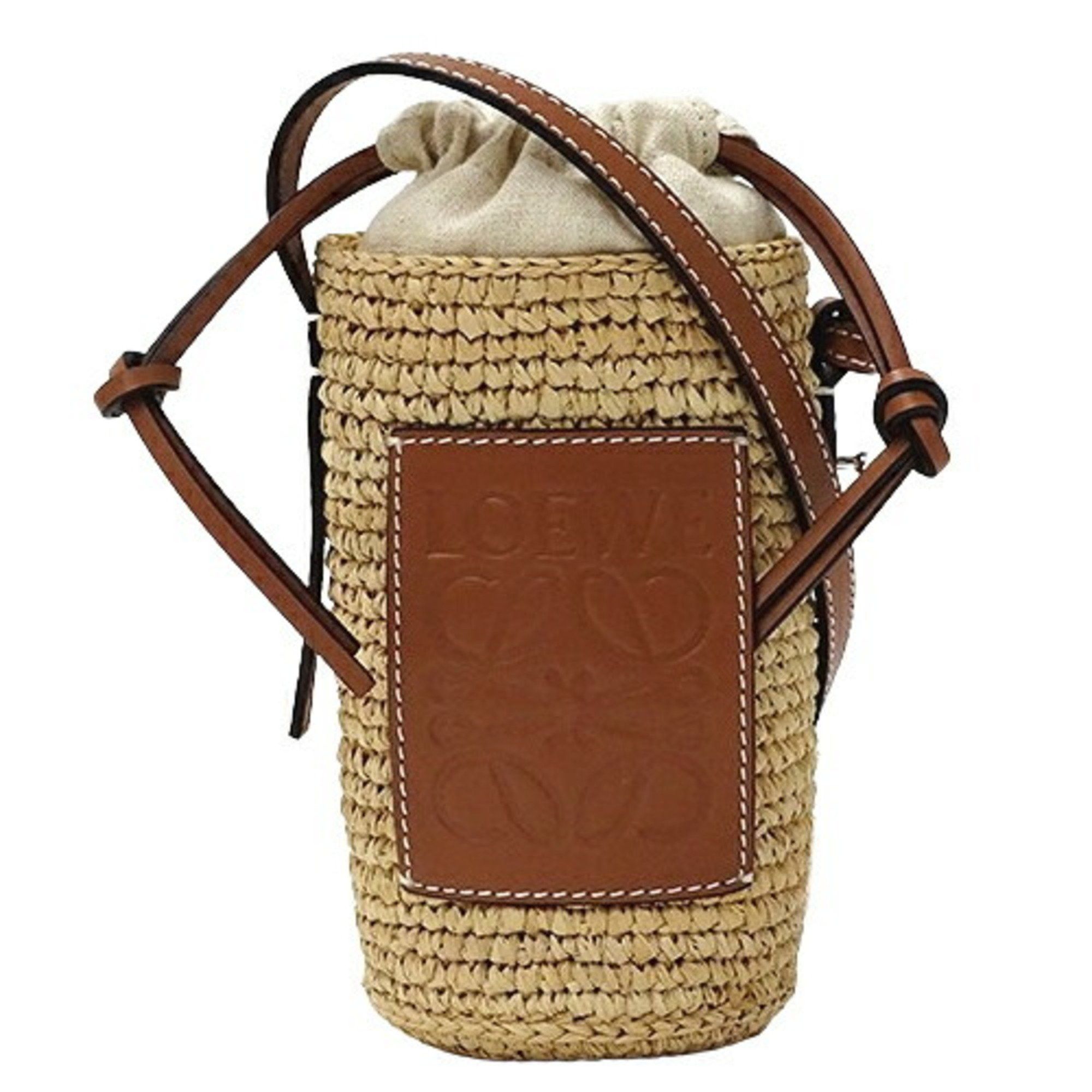 image of Loewe Women's Shoulder Bag Cylinder Pocket Raffia Calf Leather Natural Tan Beige Brown Compact