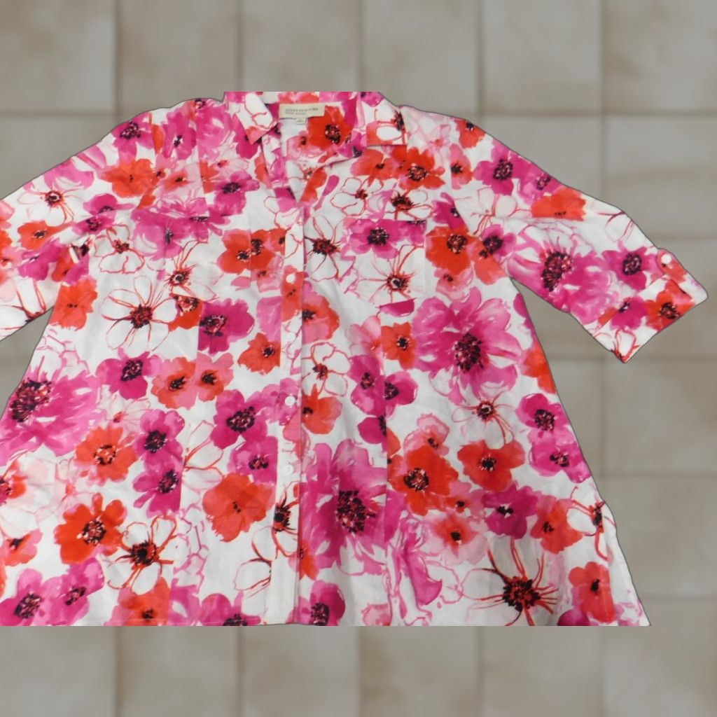 Jones New York Jones New York Womens Blouse Button-Up Petites Pink Floral Casual Cap Sleeve 3/4 Sleeve Womens Size L / US 10 / IT 46 - 1 Thumbnail
