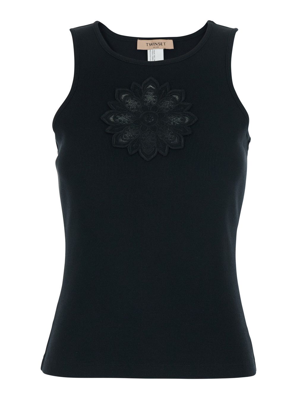 TWINSET Sleeveless Top with Tone-on-Tone Floral Embroidery on the Front in Black Cotton for Women Size S / US 4 / IT 40 - 1 Thumbnail