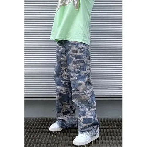image of Distressed Denim x Jean Tie-Dye Print Flared Wide-Leg Jeans in Dark Blue, Men's (Size 29)