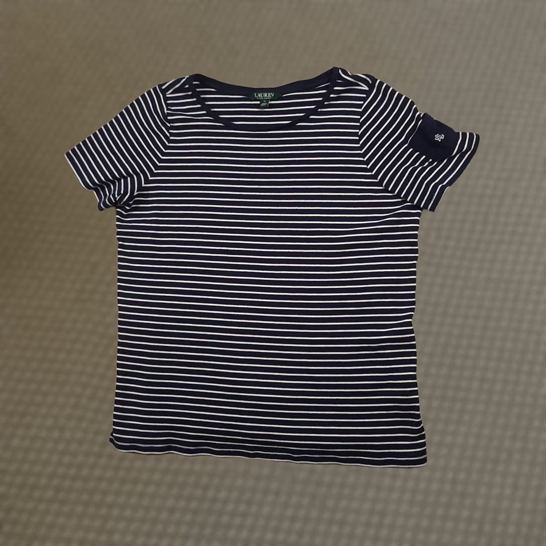 Ralph Lauren Lauren Ralph Lauren Shirt Womens 1X Navy Striped Short Sleeve Crewneck RL Logo Size XL / US 12-14 / IT 48-50 - 1 Thumbnail