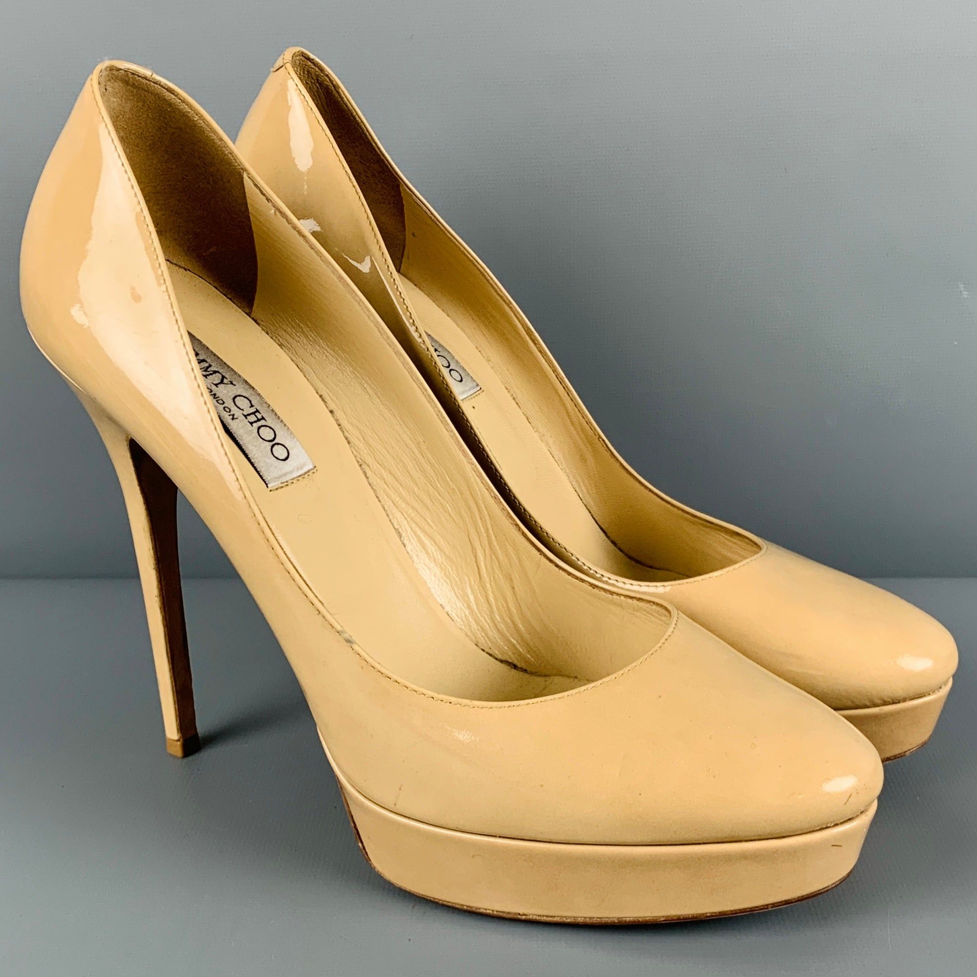 image of Jimmy Choo Beige Patent Leather Platform Pumps Shoes, Women's (Size 12)