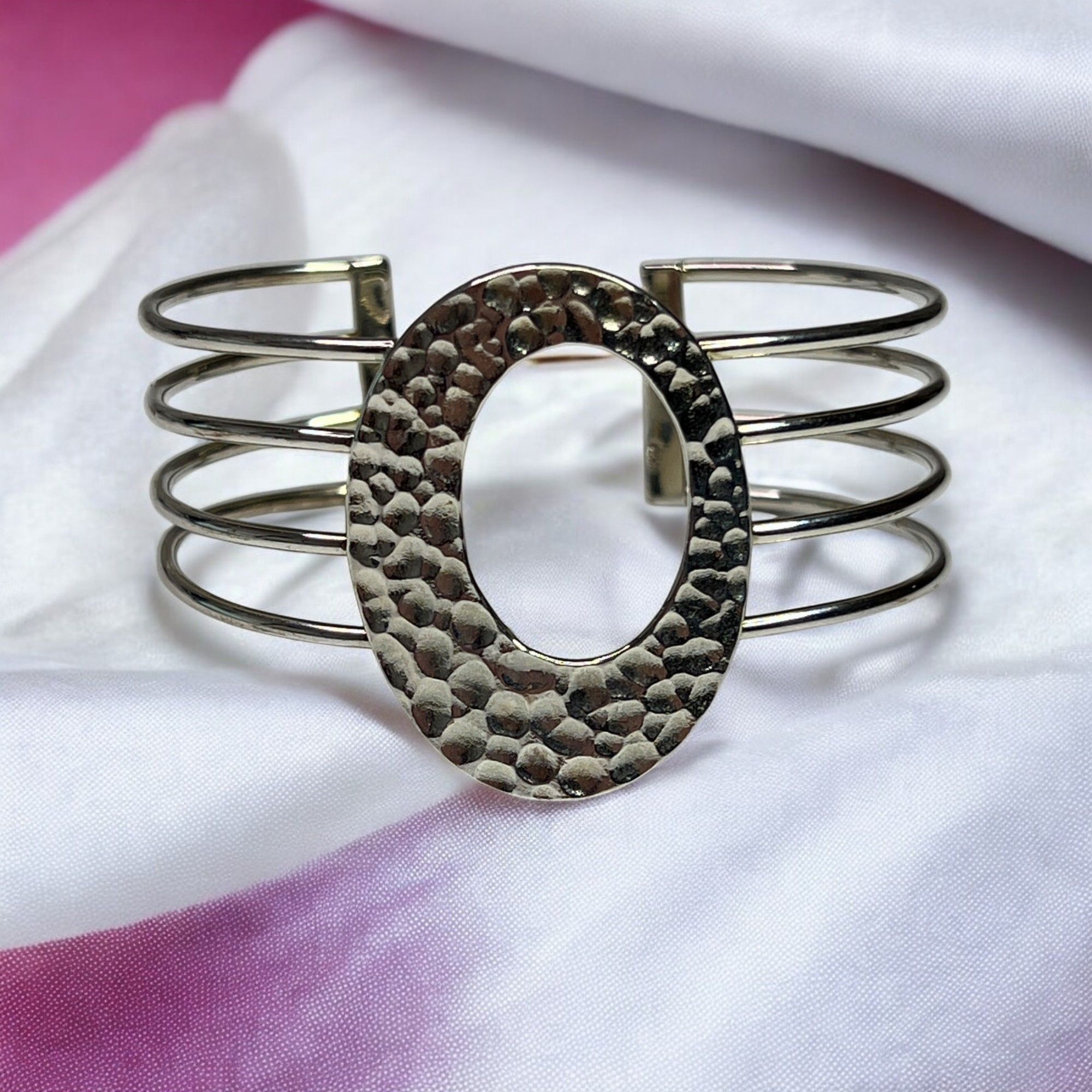 Designer Hammered Oval Sterling Silver Open Cuff Bracelet Size ONE SIZE - 1 Thumbnail