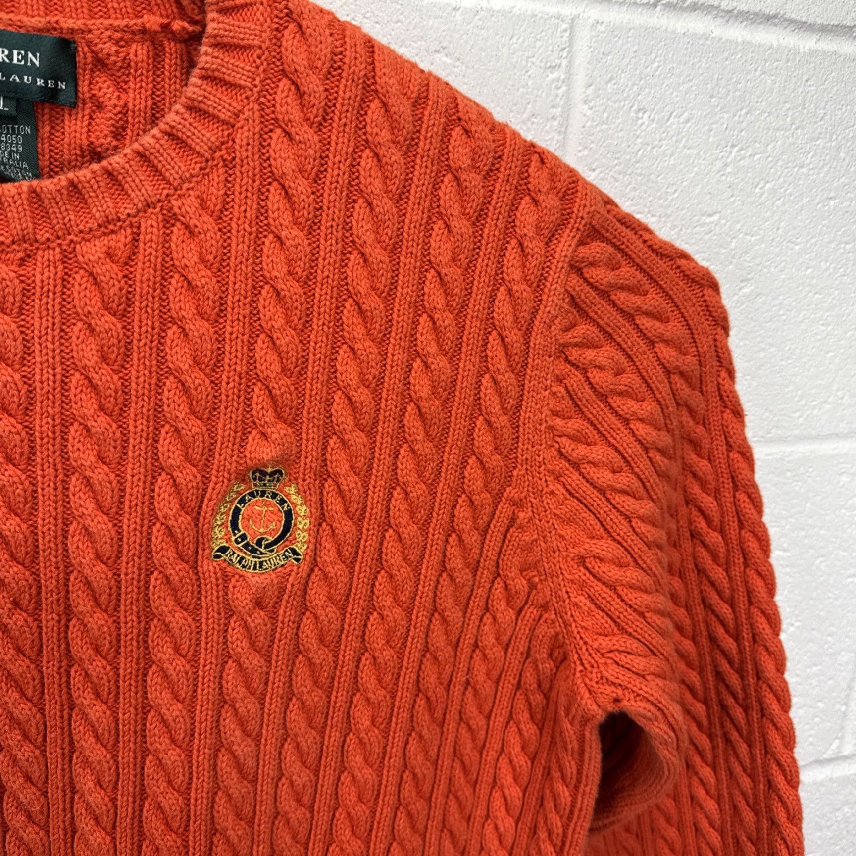Ralph Lauren VINTAGE Lauren Ralph Lauren Sweater Womens XL Cable Knit Orange Crest Logo Crew Neck Long Sleeve Pullover 90s Preppy Classic Vintage All Seasons Women Size XL / US 12-14 / IT 48-50 - 6 Thumbnail