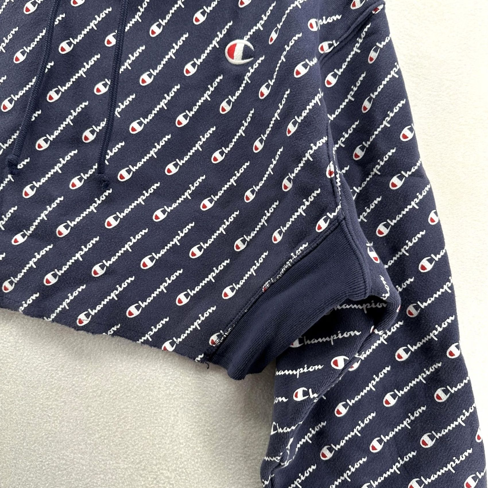 Champion Champion Hoodie Womens M Blue All Over Logo Print Cropped Fleece Pullover Size M / US 6-8 / IT 42-44 - 3 Thumbnail