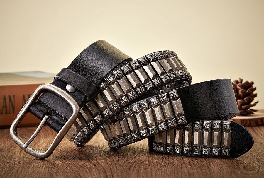 Genuine Leather Heavy Metal Rivet Leather Belt Size ONE SIZE - 3 Thumbnail