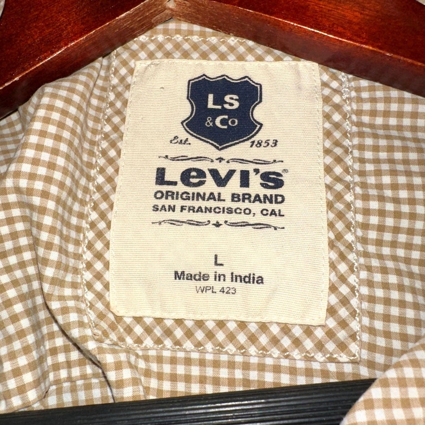 Levi's VINTAGE Levis Shirt Mens L Tan Gingham Check Cotton Long Sleeve Button Up Pocket Size US L / EU 52-54 / 3 - 5 Thumbnail