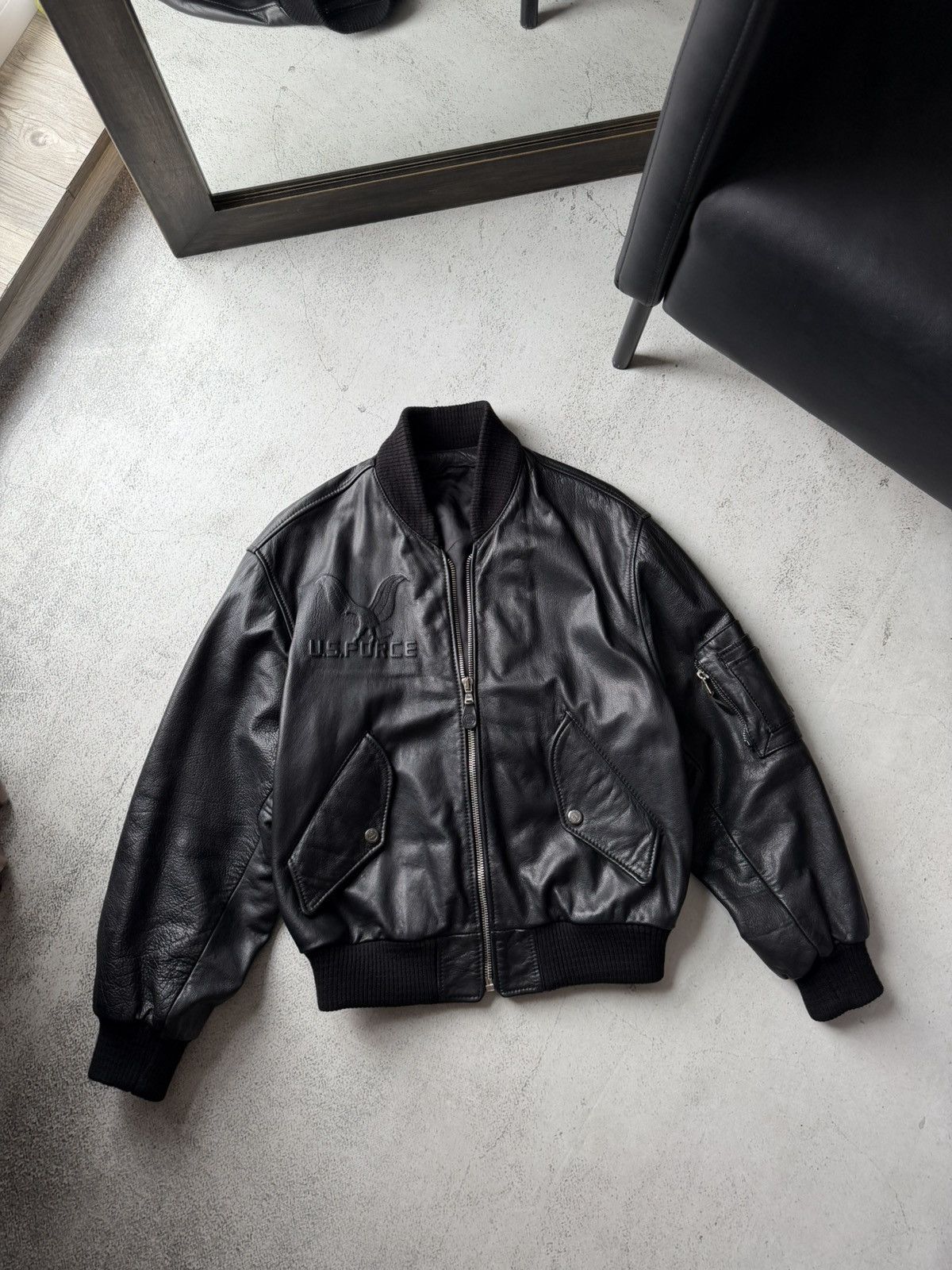 Leather U.S. Force Air Flying MA1 Aviator Leather Army Jacket Bomber Size US L / EU 52-54 / 3 - 1 Thumbnail
