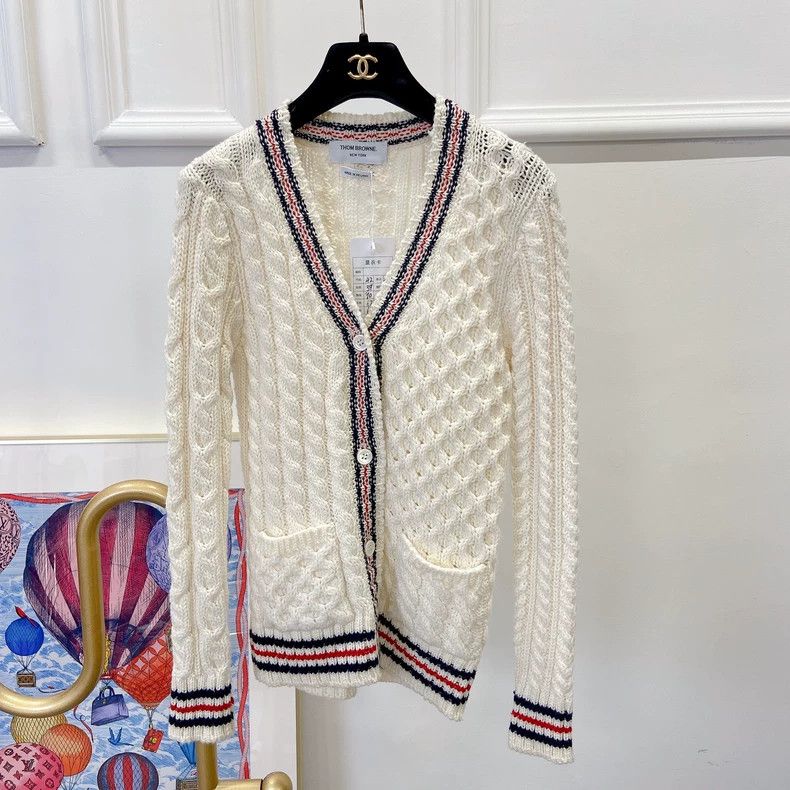 Thom Browne White Cable Knit Cardigan - dmc