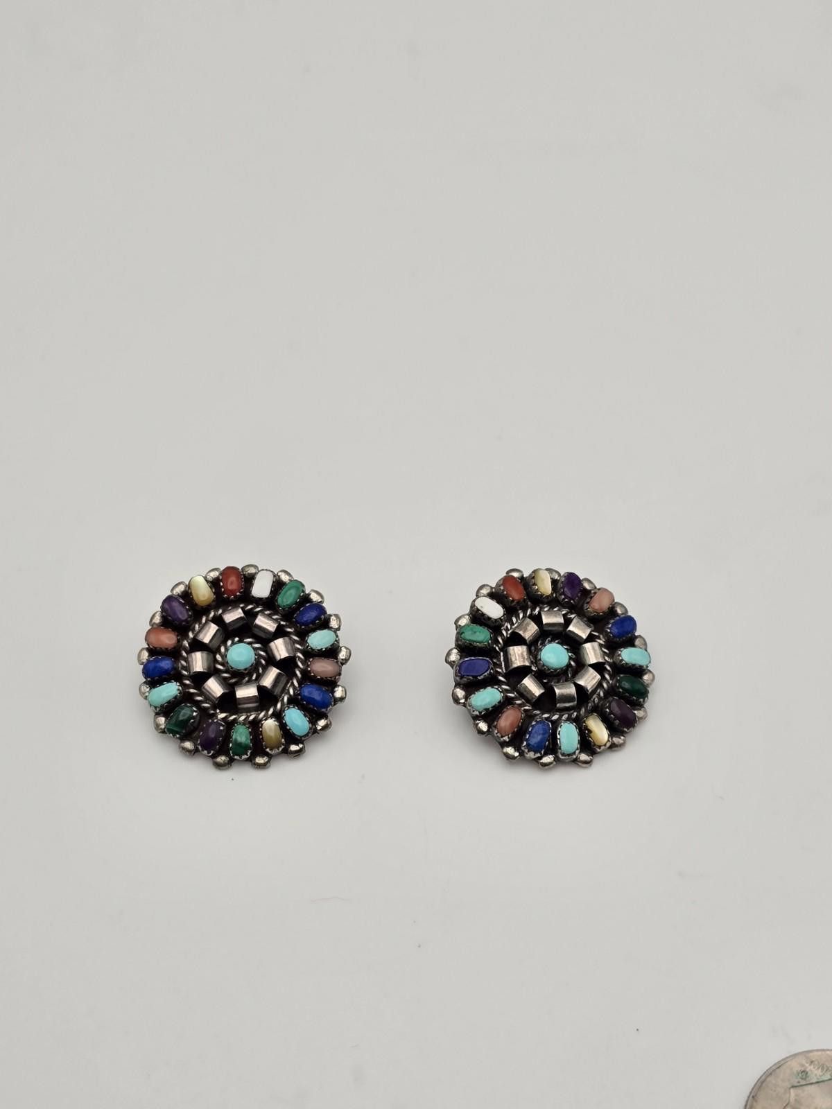 Sterling Silver Vintage Lorraine Waatsa Zuni Sterling Stone Cluster Earrings Size ONE SIZE - 2 Thumbnail