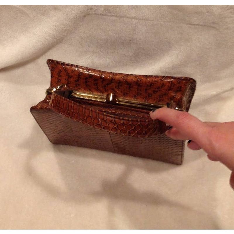 Vintage Vintage Brown Snake Print Handbag Gold Accents Top Handle Size ONE SIZE - 7 Thumbnail