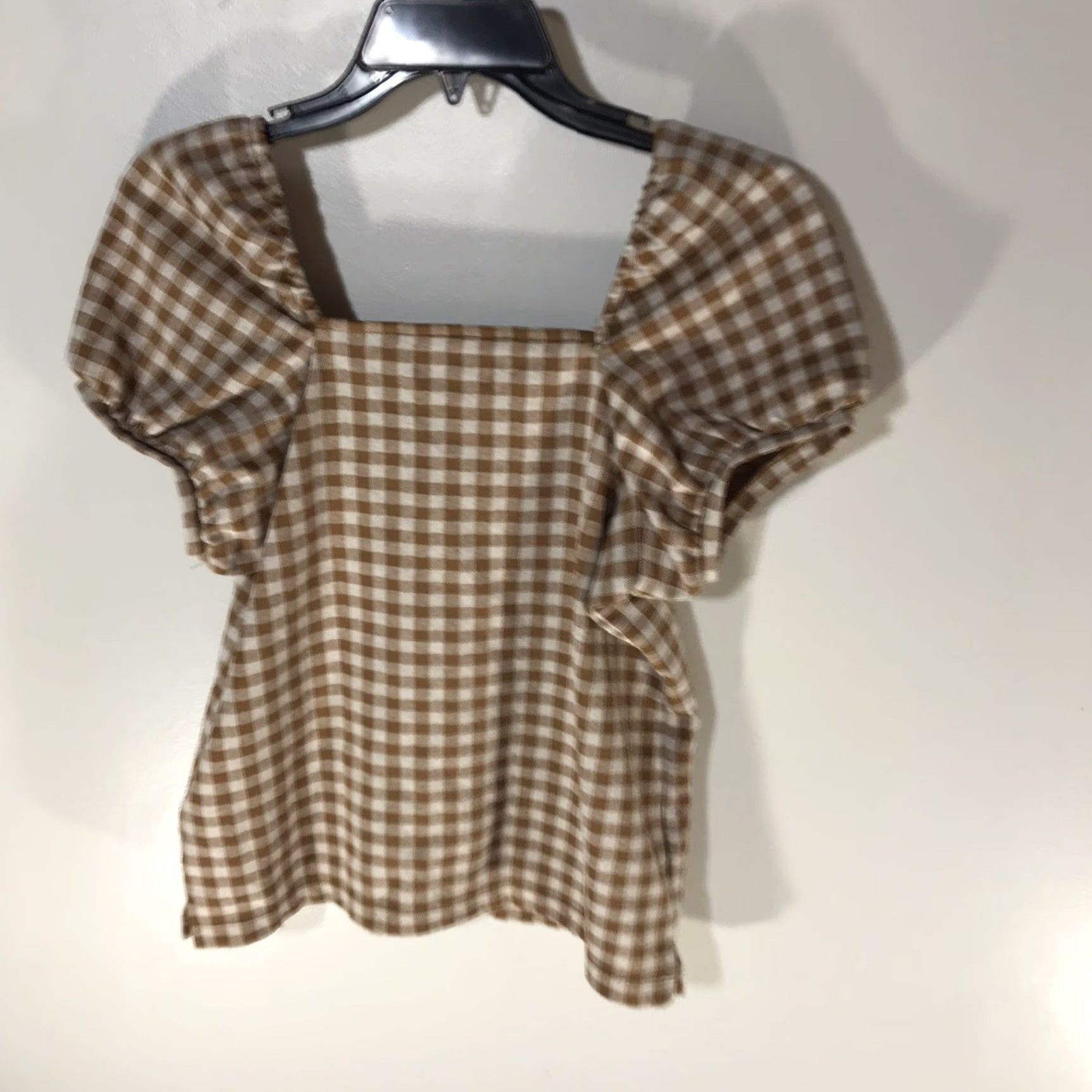 Madewell Madewell Women's Checked Cropped Button-Up Top XS Brown/White Cap Sleeve Knit Summer Casual Size XS / US 0-2 / IT 36-38 - 3 Thumbnail