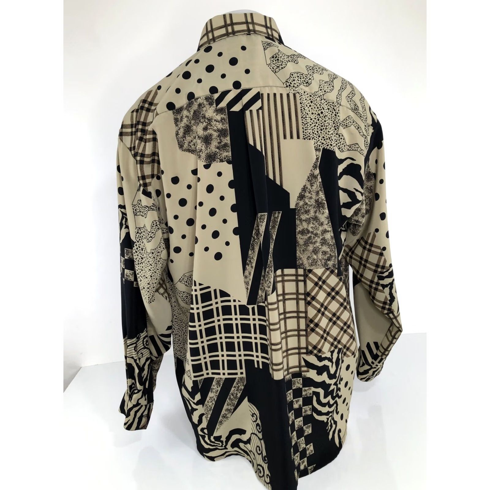 Vintage SANGI USA - 1990s Vintage Geometric Mens Shirt Md/Lg - Button-Up Long Sleeve Black / Tan Mens Size US M / EU 48-50 / 2 - 5 Thumbnail