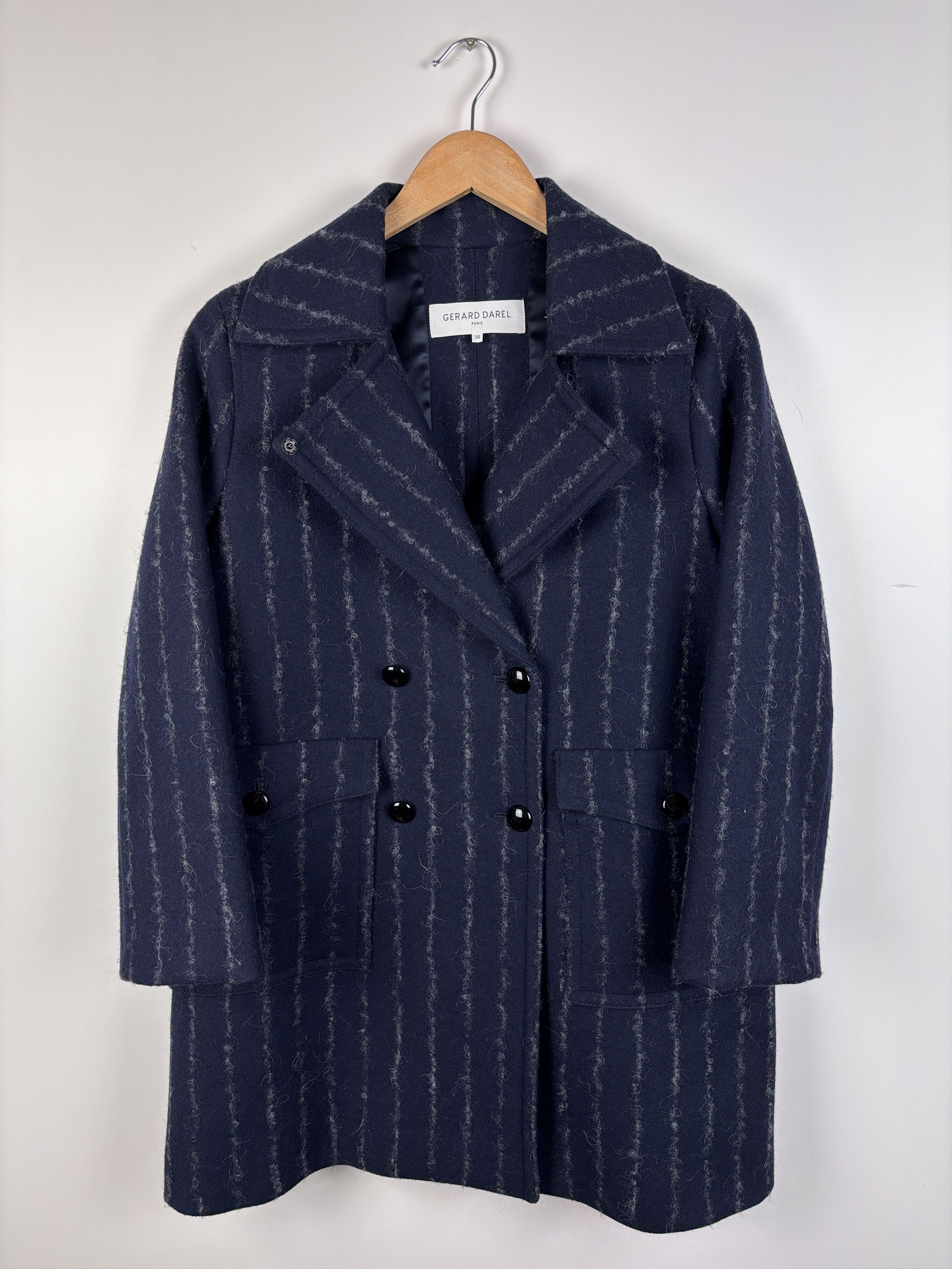 Gerard Darel Paris Double Breasted Wool Coat Navy Blue 38