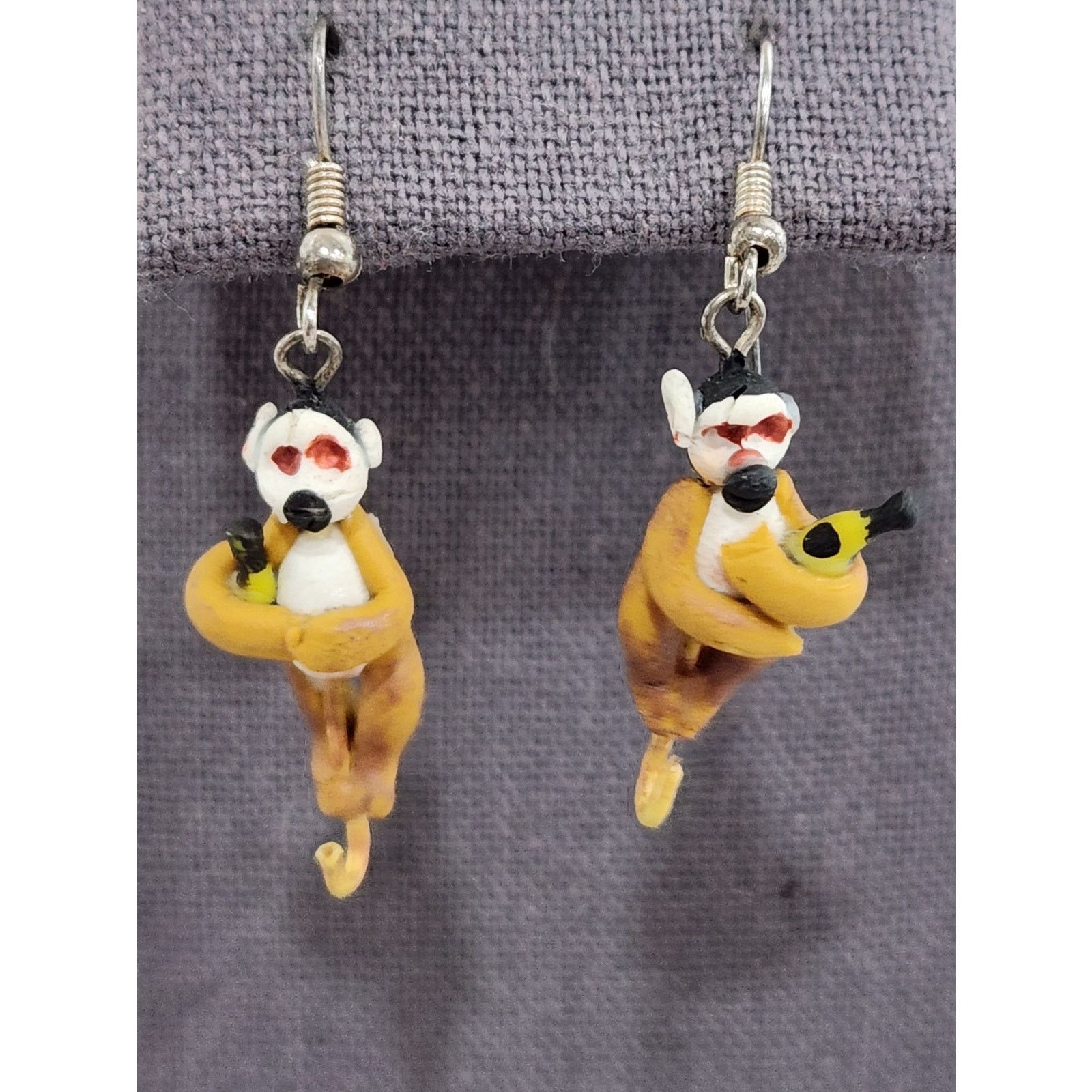 Other Hand Painted Monkey Holding Banana Dangle Hook Earrings 2.5" Size ONE SIZE - 1 Thumbnail