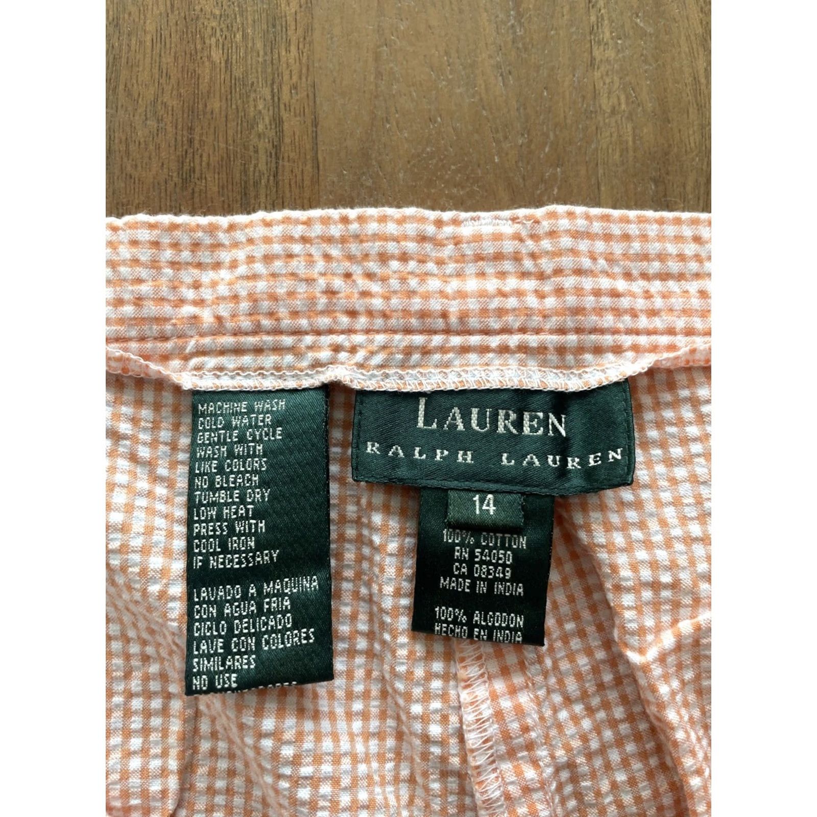 Ralph Lauren VINTAGE Lauren Ralph Lauren Seersucker Crop Pants Womens 14 32x21 Orange/White Gingham Plaid Cropped Slim Straight Leg Beach Preppy Resort Womens Size 36" / US 14 / IT 50 - 3 Thumbnail